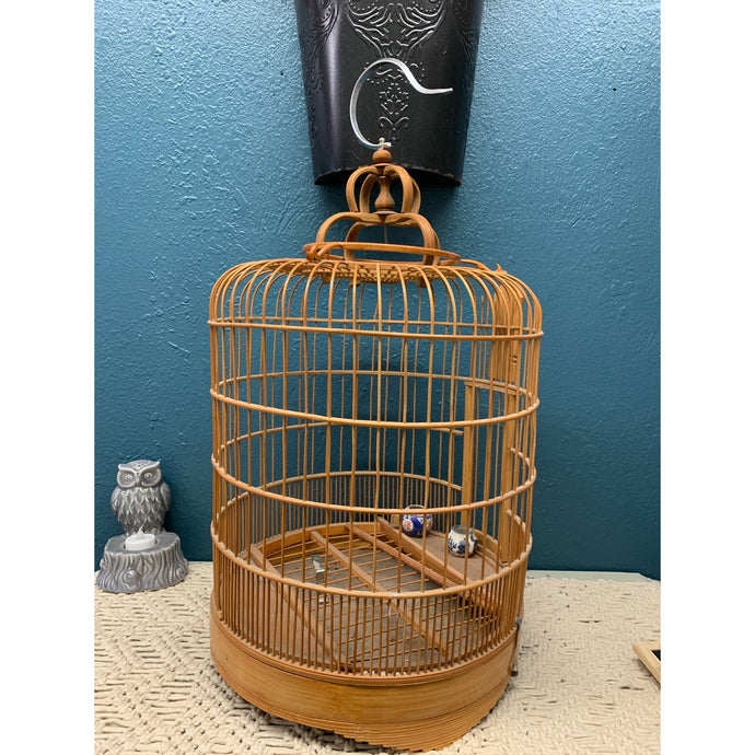 Large Vintage Bamboo Birdcage with Perch and Ceramic Bowls
