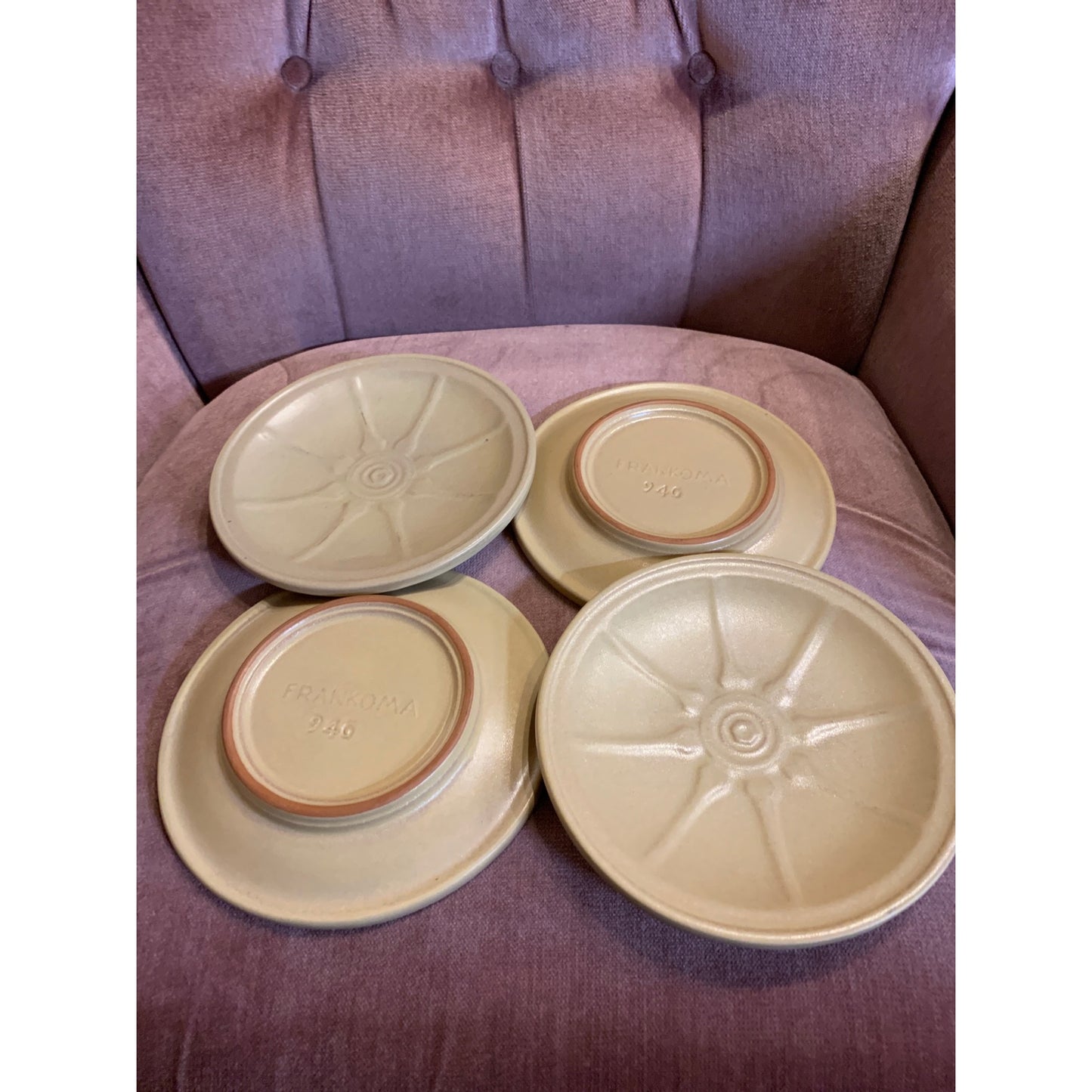 1960s Frankoma 4pc Desert Sand Wagon Wheel Bread Plates