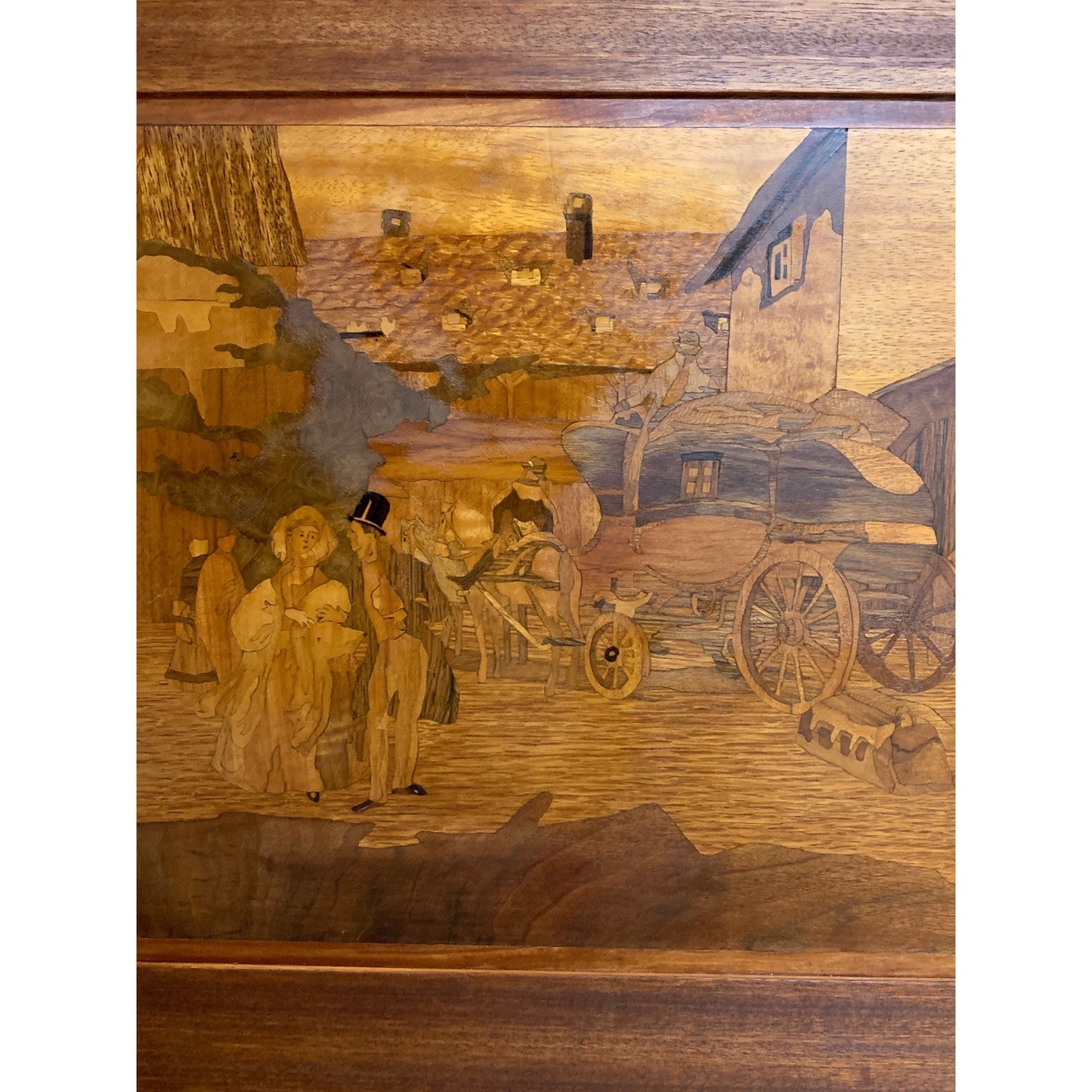 Vintage Wood Inlay Marquetry wall art Stage Coach, Signed