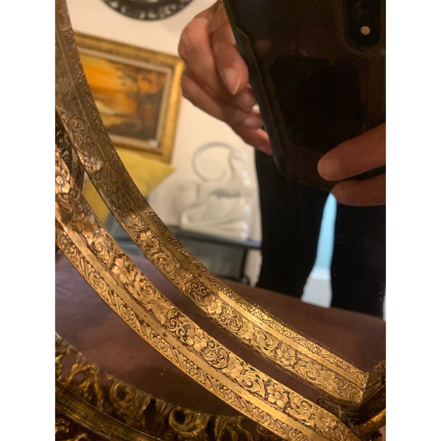 Vintage Oval Filigree Gold Tone Dresser Top Vanity Mirror Tray