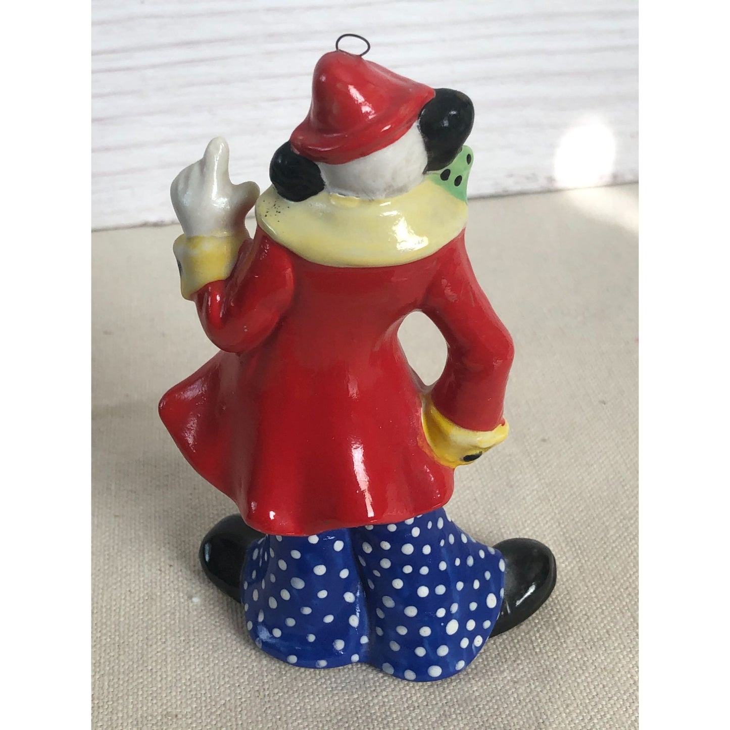 1984 Ceramic Squinting Clown Red Coat Polka Dot Pants Ornament Signed "Paula"