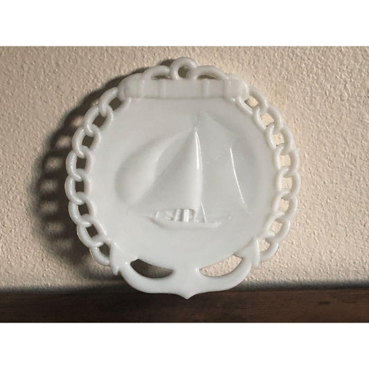 Vintage 1970s Westmoreland Milk Glass Yacht Sailboat with Anchor Plate, Collectible Glass