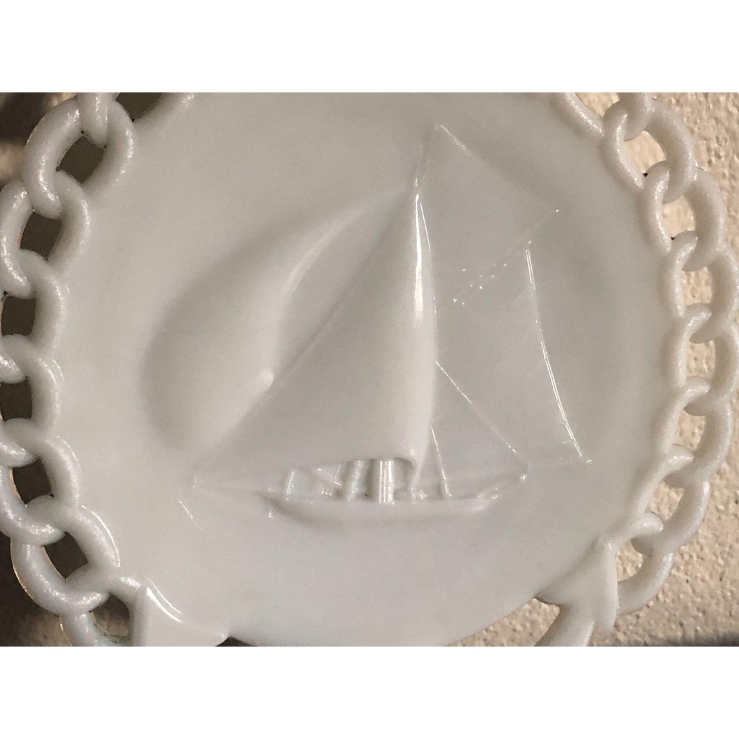 Vintage 1970s Westmoreland Milk Glass Yacht Sailboat with Anchor Plate, Collectible Glass