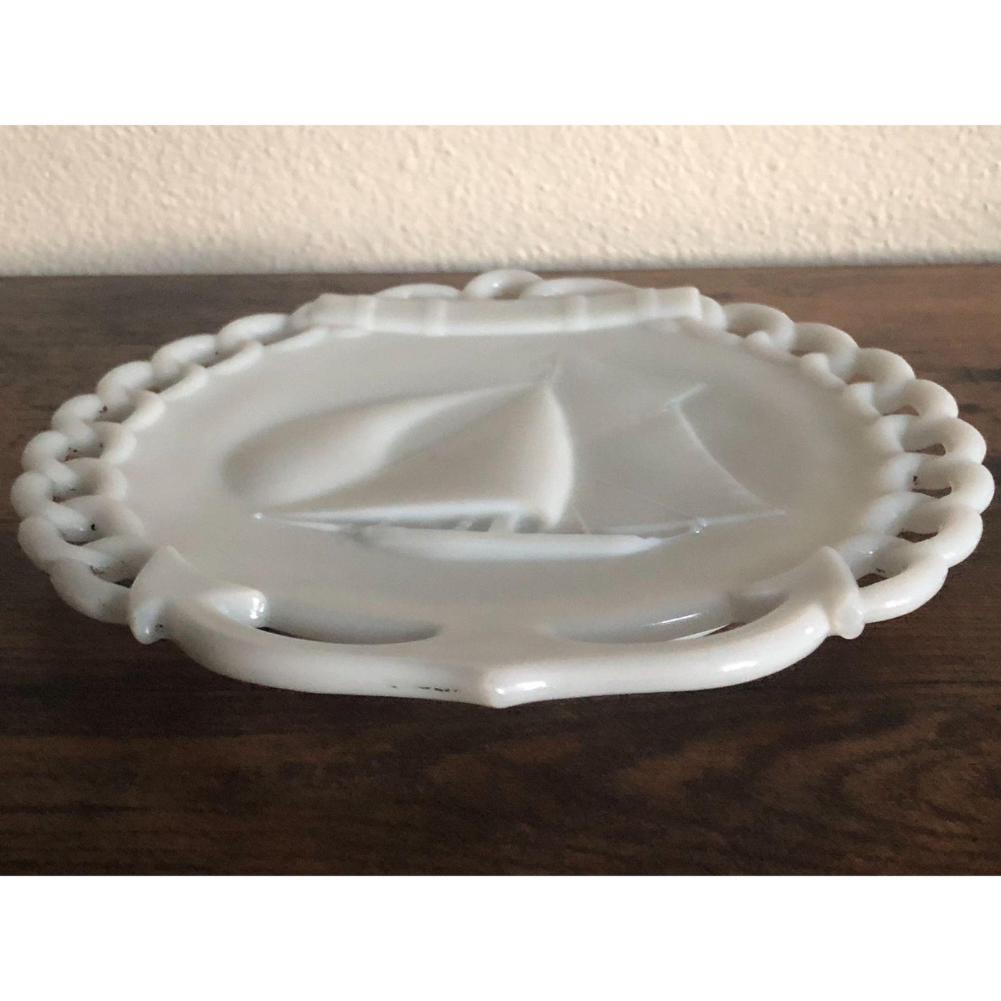 Vintage 1970s Westmoreland Milk Glass Yacht Sailboat with Anchor Plate, Collectible Glass