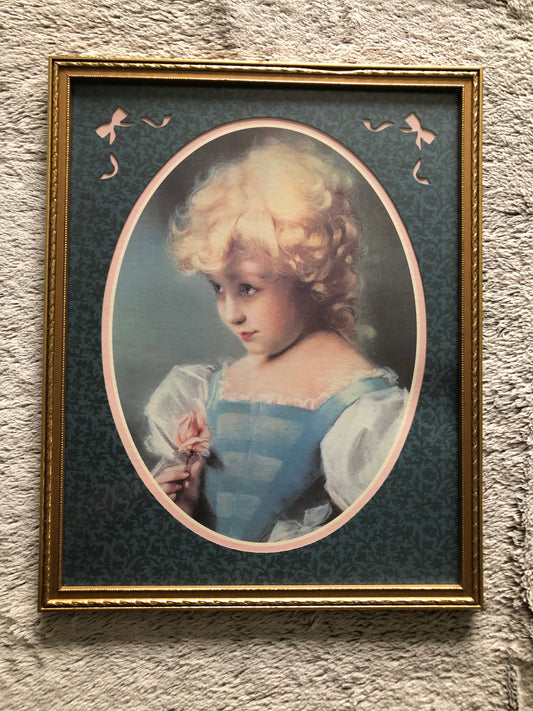 Home Interiors Picture Little Blonde Girl with Rose Bud in Oval Mat Gold Wooden 20" x 16" Frame