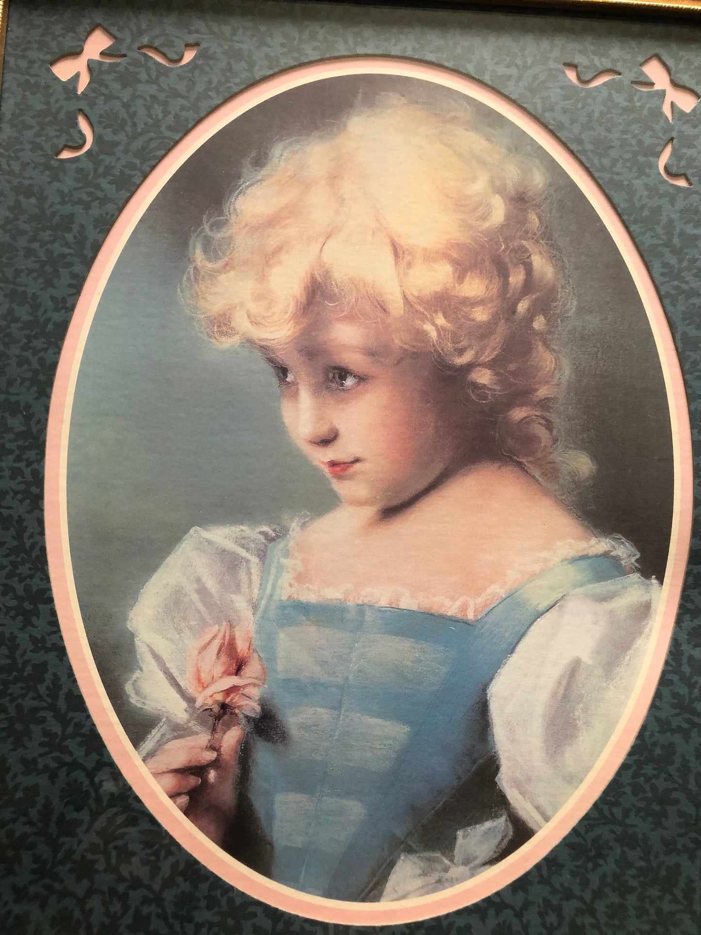Home Interiors Picture Little Blonde Girl with Rose Bud in Oval Mat Gold Wooden 20" x 16" Frame