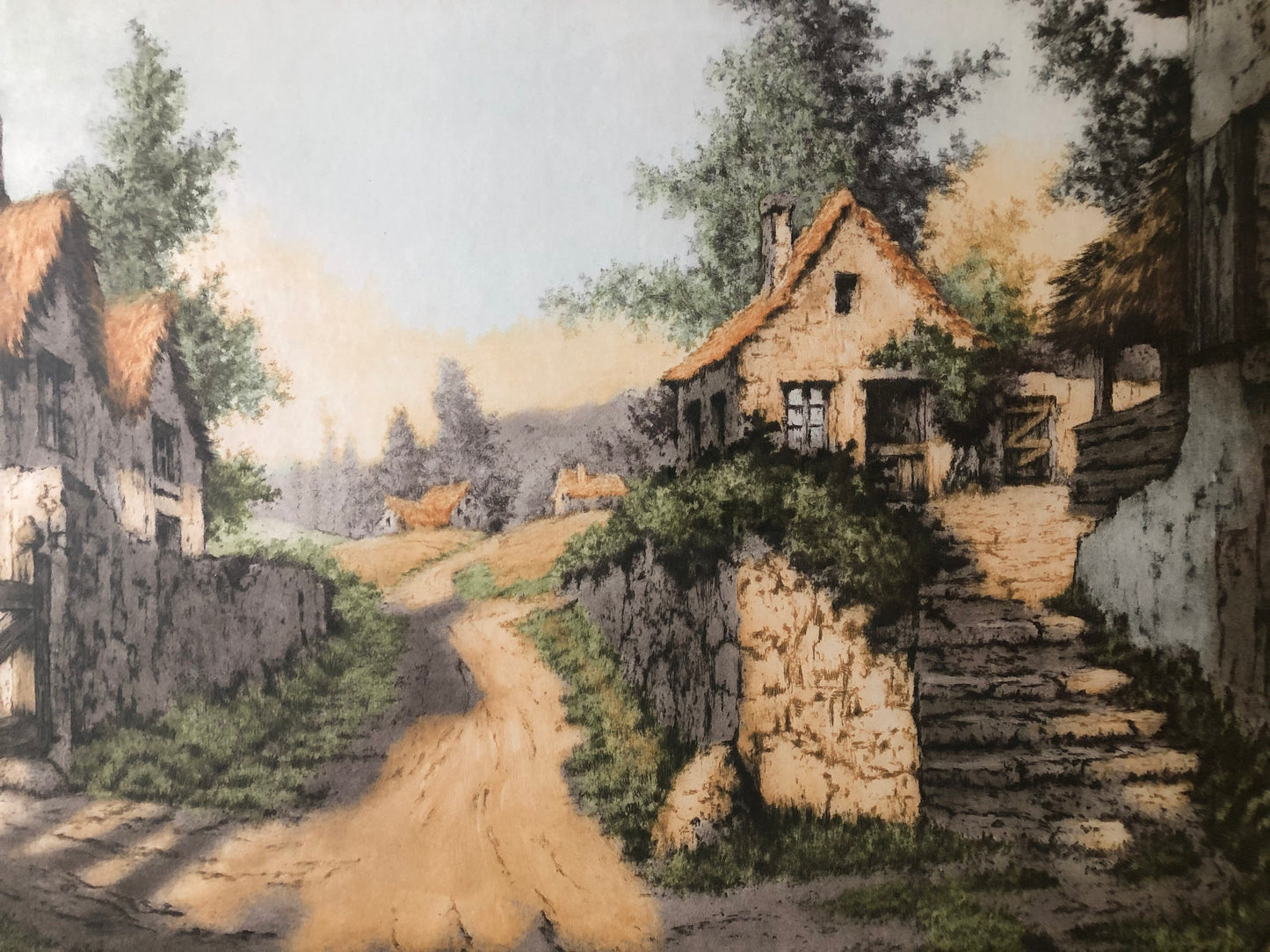 Genuine Etching by R.Barnaix Entitled:"A Hamlet in France"