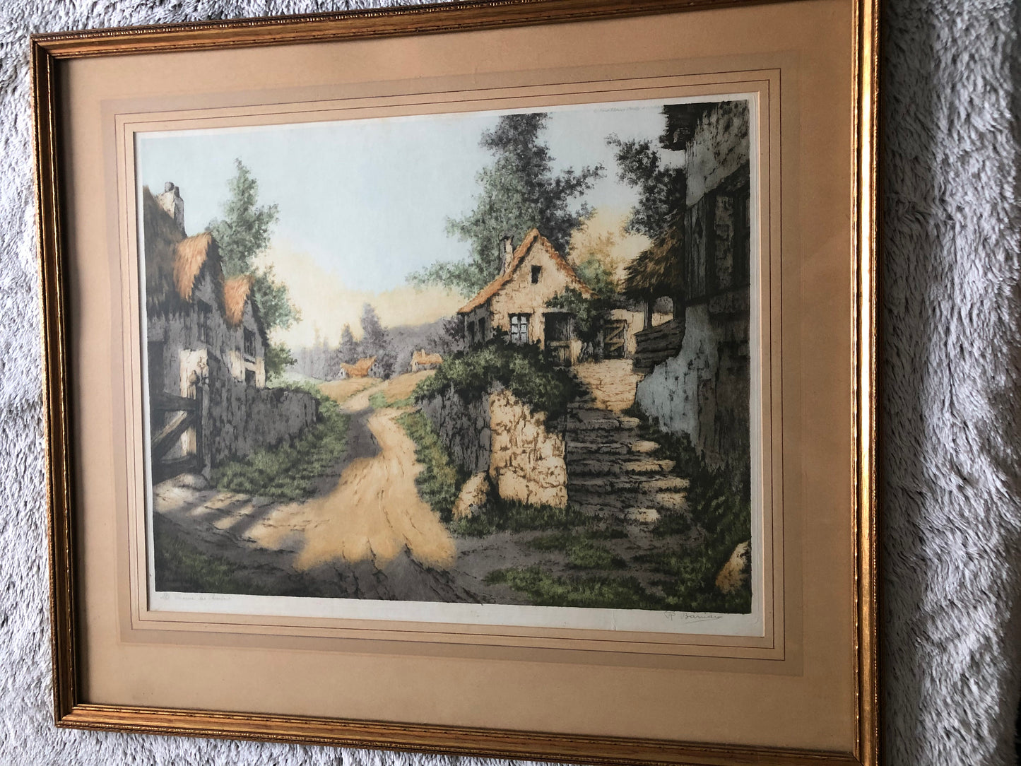 Genuine Etching by R.Barnaix Entitled:"A Hamlet in France"