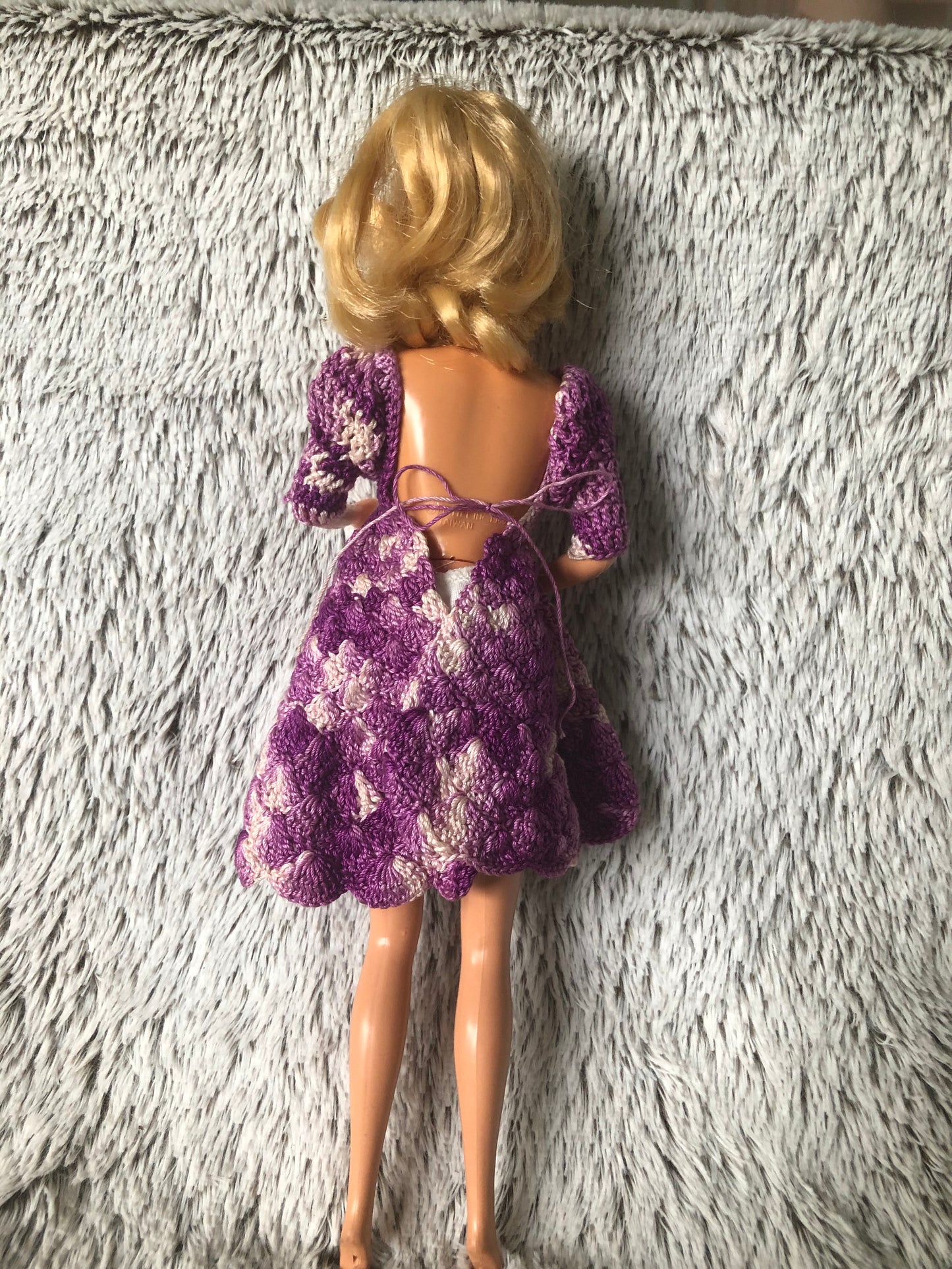 1960s Vintage Mattel Barbie Blue Eyes Blond Hair TNT style, with Hand Crochet Purple Dress, made in Taiwan, Great Condition