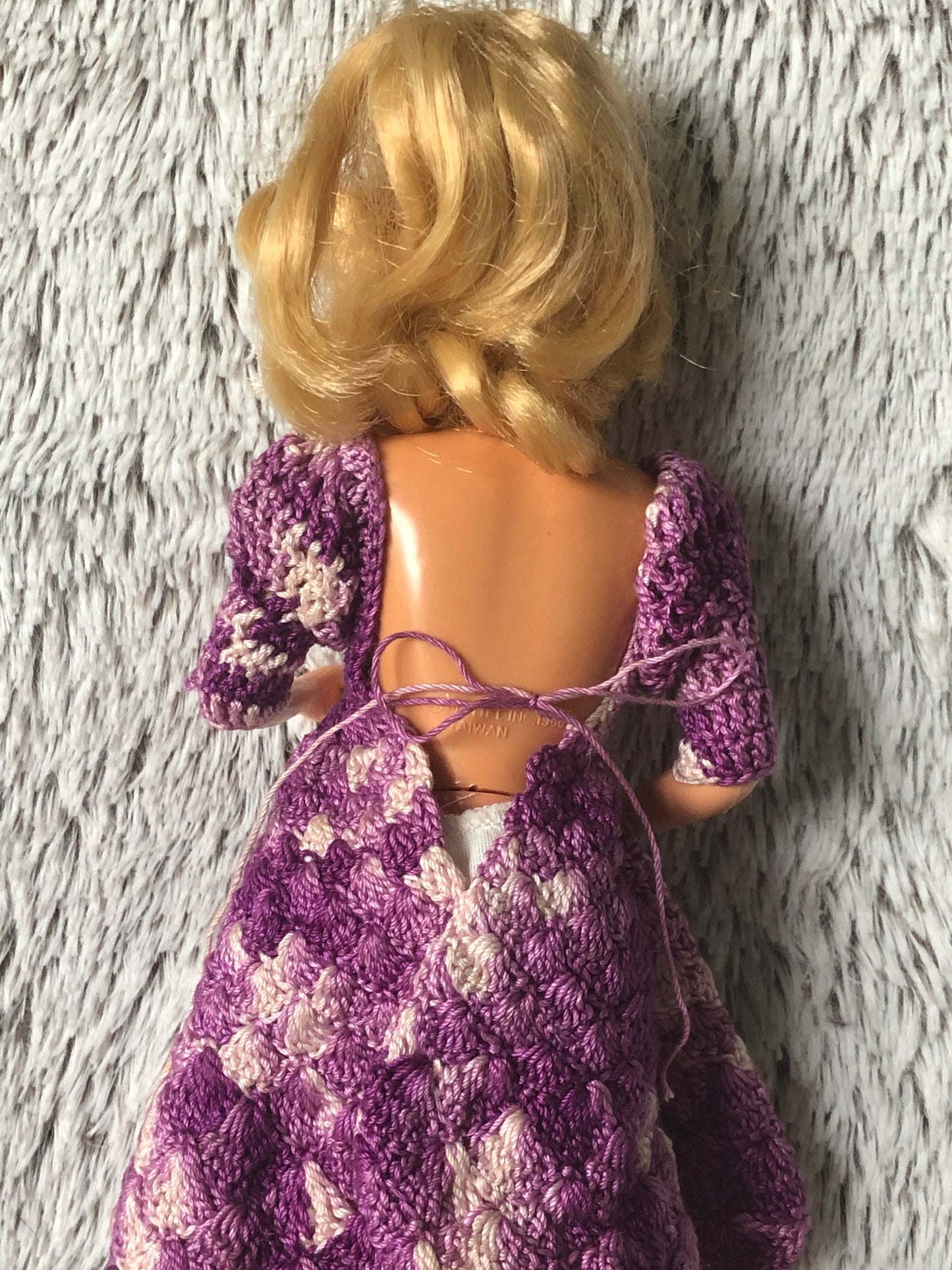 1960s Vintage Mattel Barbie Blue Eyes Blond Hair TNT style, with Hand Crochet Purple Dress, made in Taiwan, Great Condition