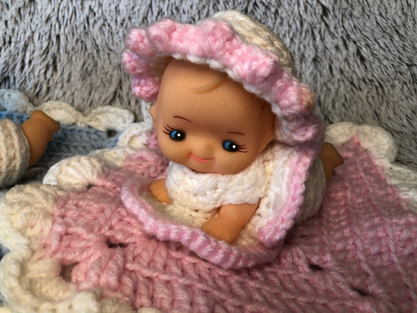 Vintage Rubber Kewpie Baby Doll Pair with Hand Made Blanket, Bonnet, Onesie and Butterfly