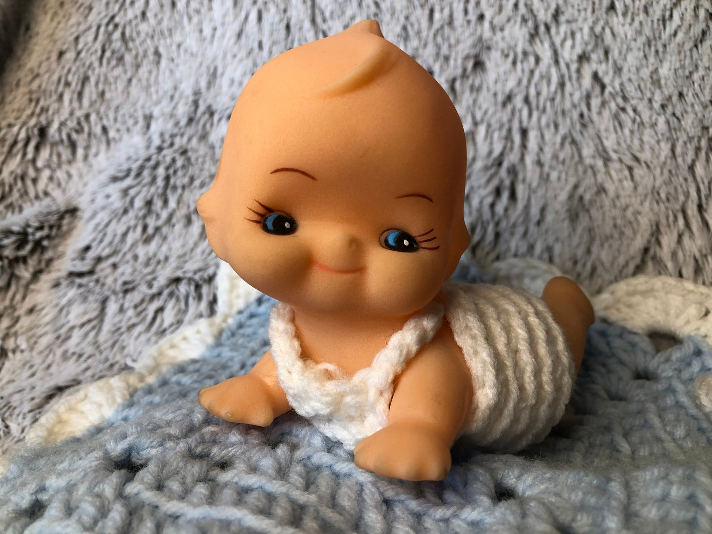 Vintage Rubber Kewpie Baby Doll Pair with Hand Made Blanket, Bonnet, Onesie and Butterfly