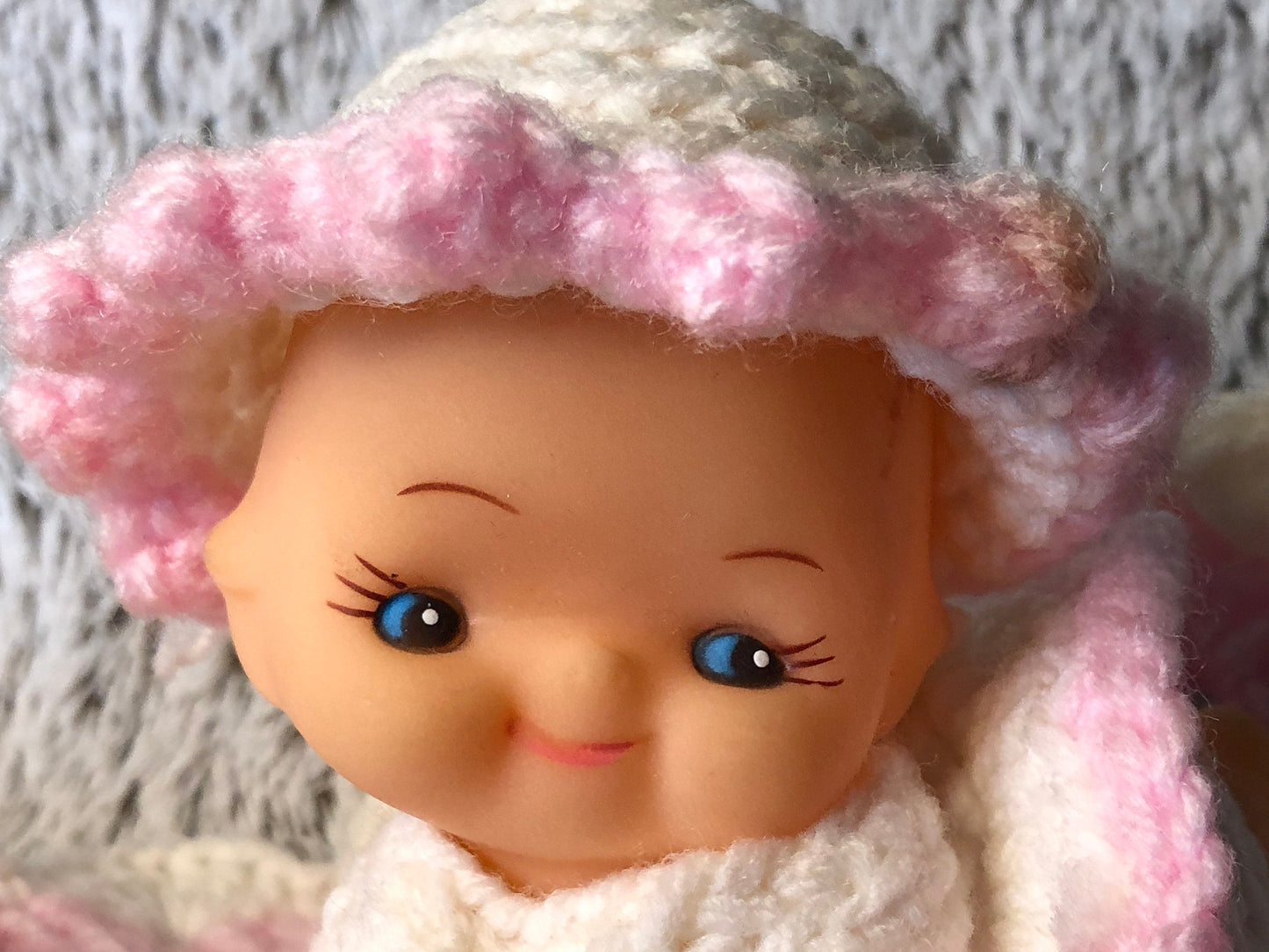Vintage Rubber Kewpie Baby Doll Pair with Hand Made Blanket, Bonnet, Onesie and Butterfly