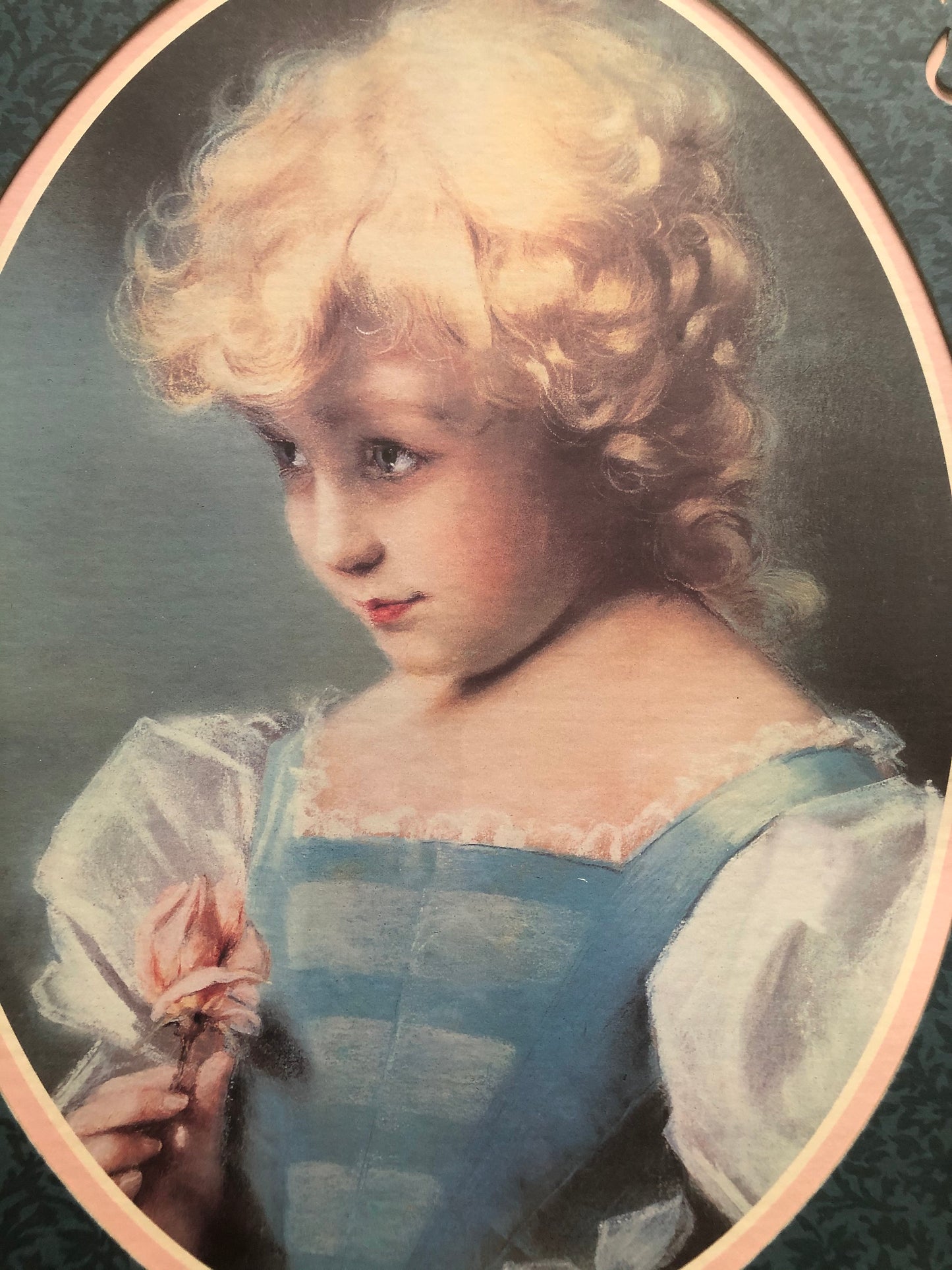 Home Interiors Picture Little Blonde Girl with Rose Bud in Oval Mat Gold Wooden 20" x 16" Frame