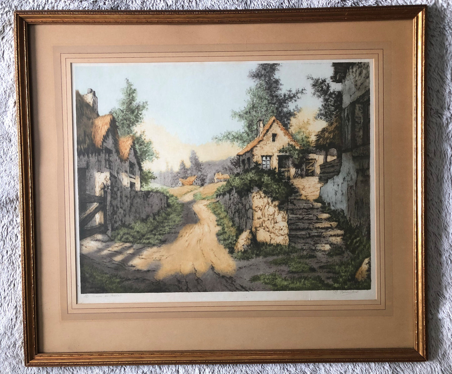 Genuine Etching by R.Barnaix Entitled:"A Hamlet in France"