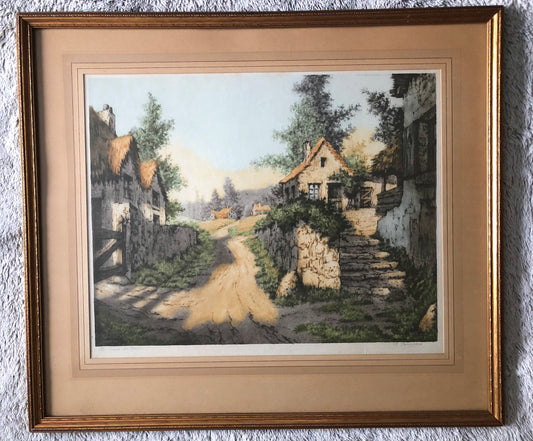 Genuine Etching by R.Barnaix Entitled:"A Hamlet in France"