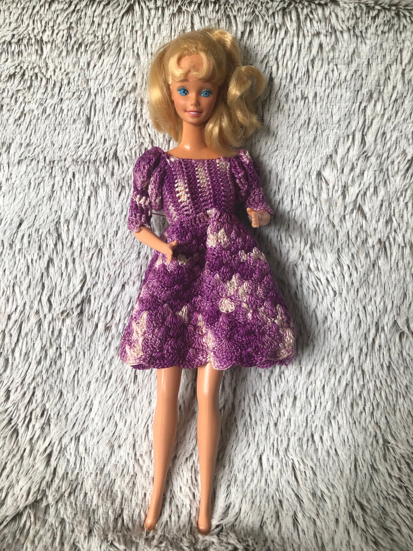 1960s Vintage Mattel Barbie Blue Eyes Blond Hair TNT style, with Hand Crochet Purple Dress, made in Taiwan, Great Condition