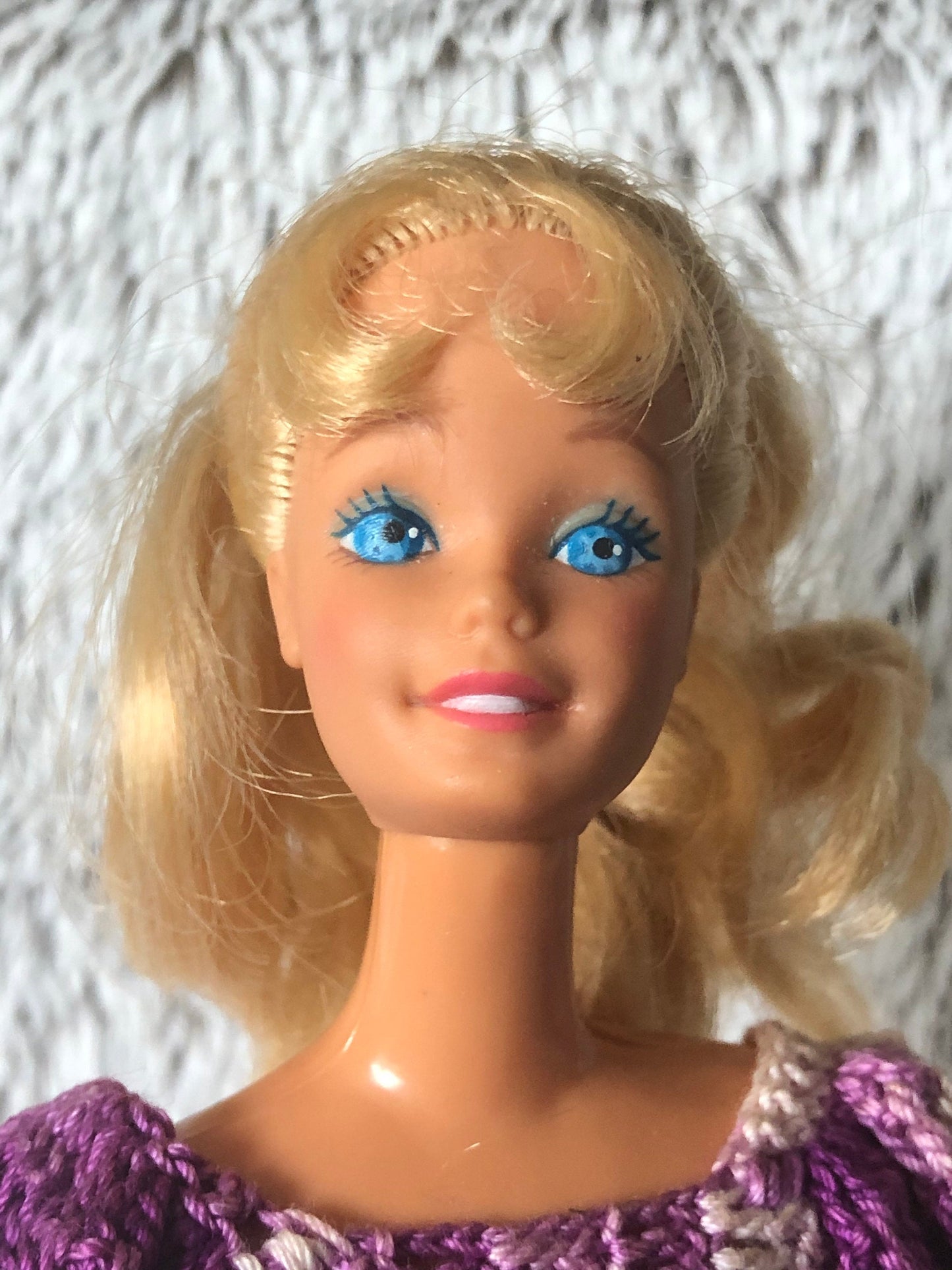 1960s Vintage Mattel Barbie Blue Eyes Blond Hair TNT style, with Hand Crochet Purple Dress, made in Taiwan, Great Condition