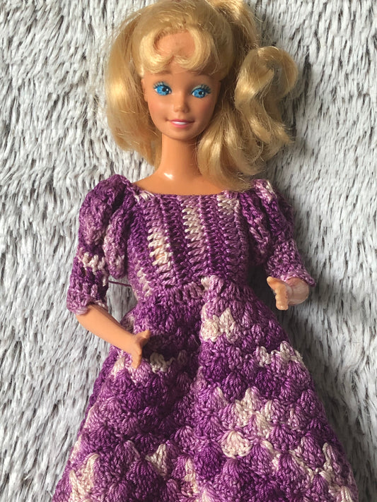 1960s Vintage Mattel Barbie Blue Eyes Blond Hair TNT style, with Hand Crochet Purple Dress, made in Taiwan, Great Condition