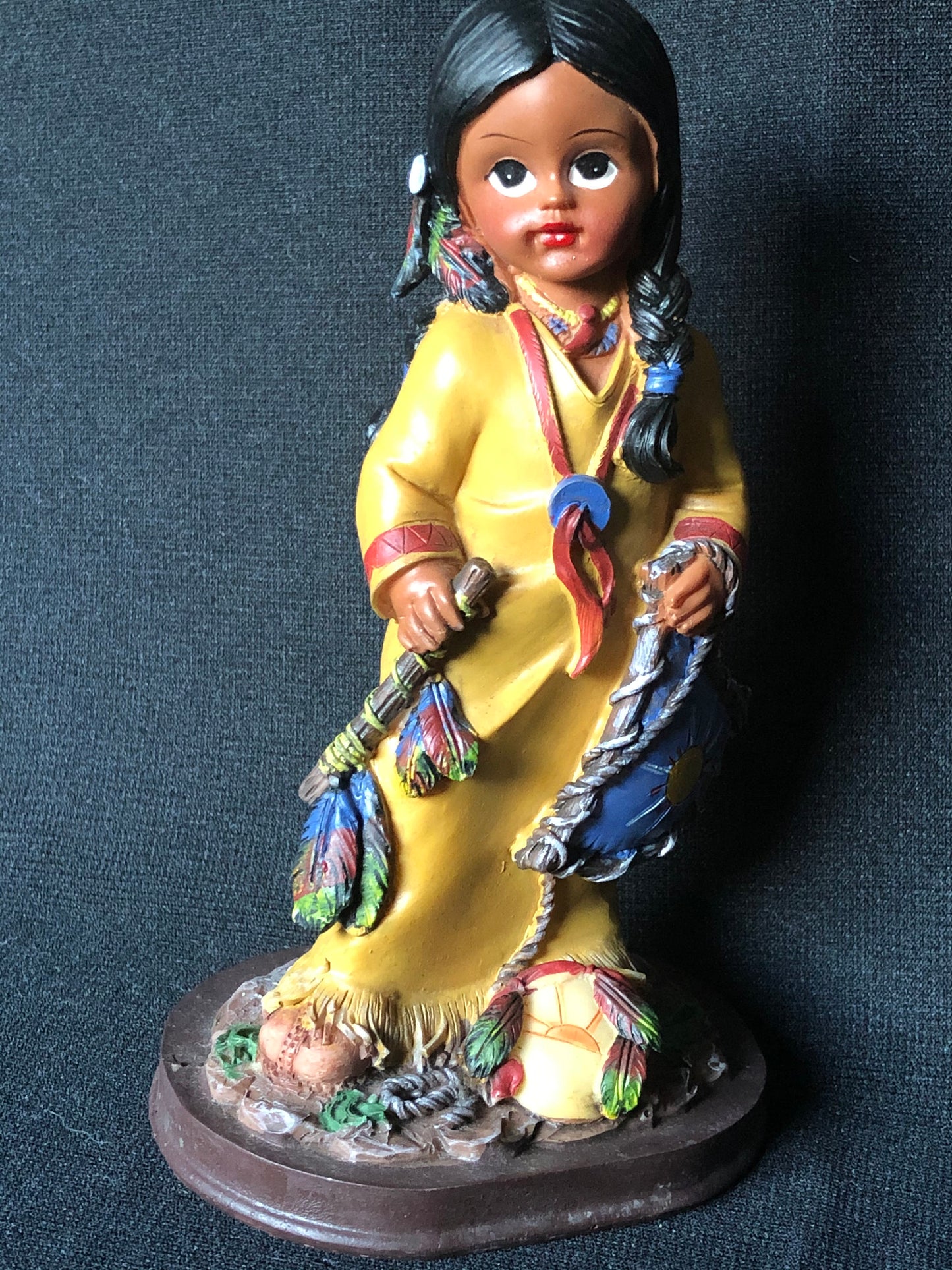 Vintage Native American Girl Figurine in Yellow Robe with Peace Pipe, Resin Mold, Hand Painted with Sun Symbol