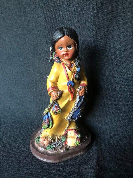 Vintage Native American Girl Figurine in Yellow Robe with Peace Pipe, Resin Mold, Hand Painted with Sun Symbol