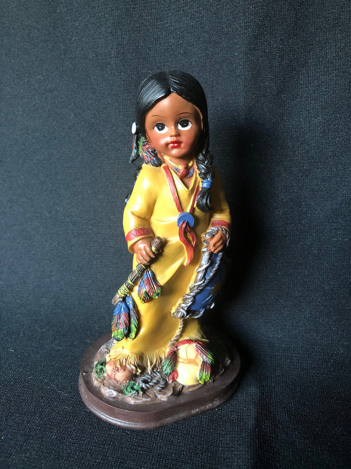 Vintage Native American Girl Figurine in Yellow Robe with Peace Pipe, Resin Mold, Hand Painted with Sun Symbol