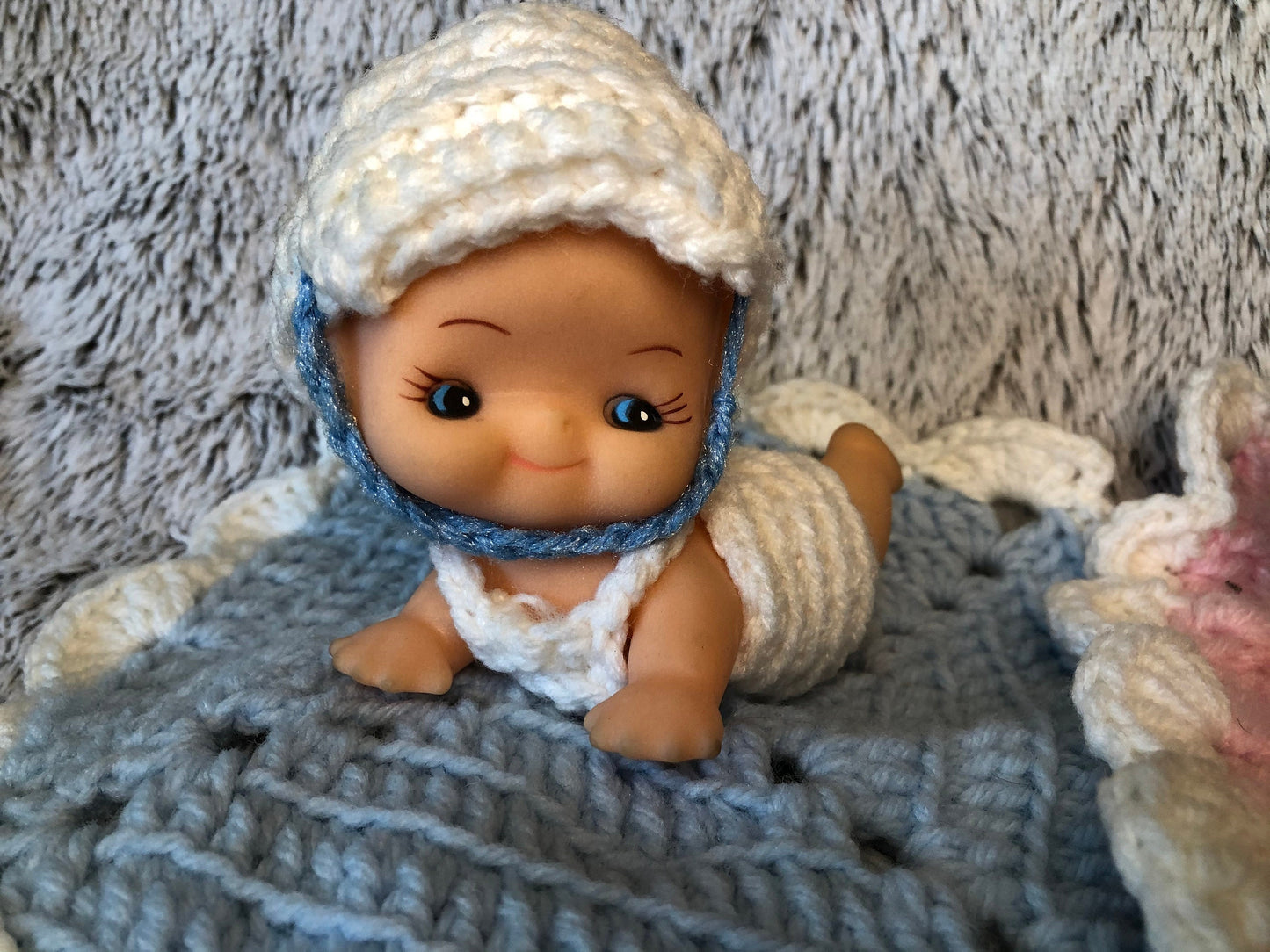 Vintage Rubber Kewpie Baby Doll Pair with Hand Made Blanket, Bonnet, Onesie and Butterfly