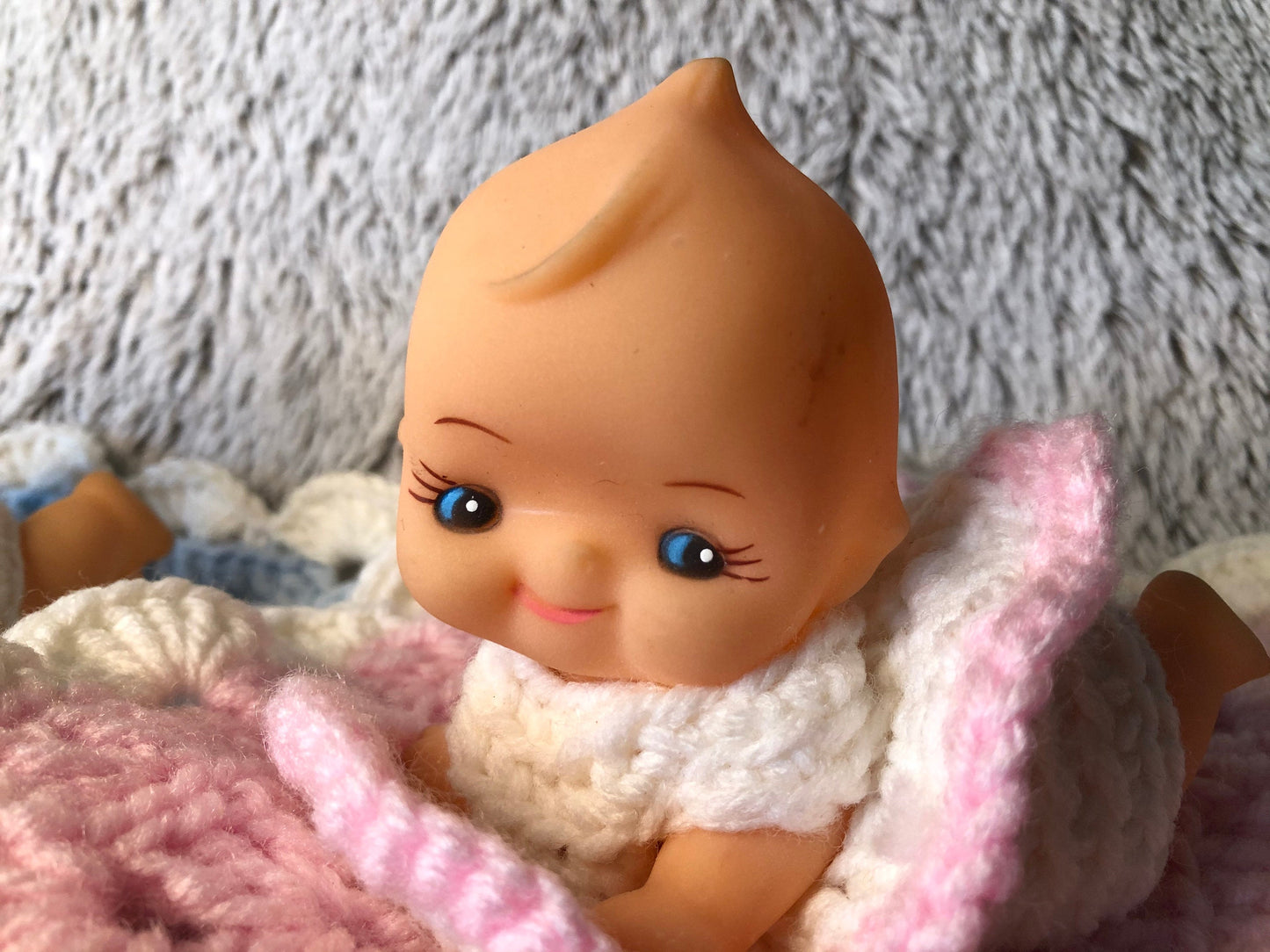Vintage Rubber Kewpie Baby Doll Pair with Hand Made Blanket, Bonnet, Onesie and Butterfly