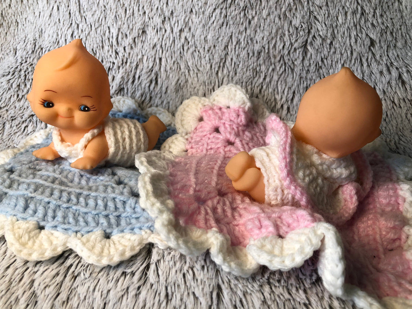 Vintage Rubber Kewpie Baby Doll Pair with Hand Made Blanket, Bonnet, Onesie and Butterfly