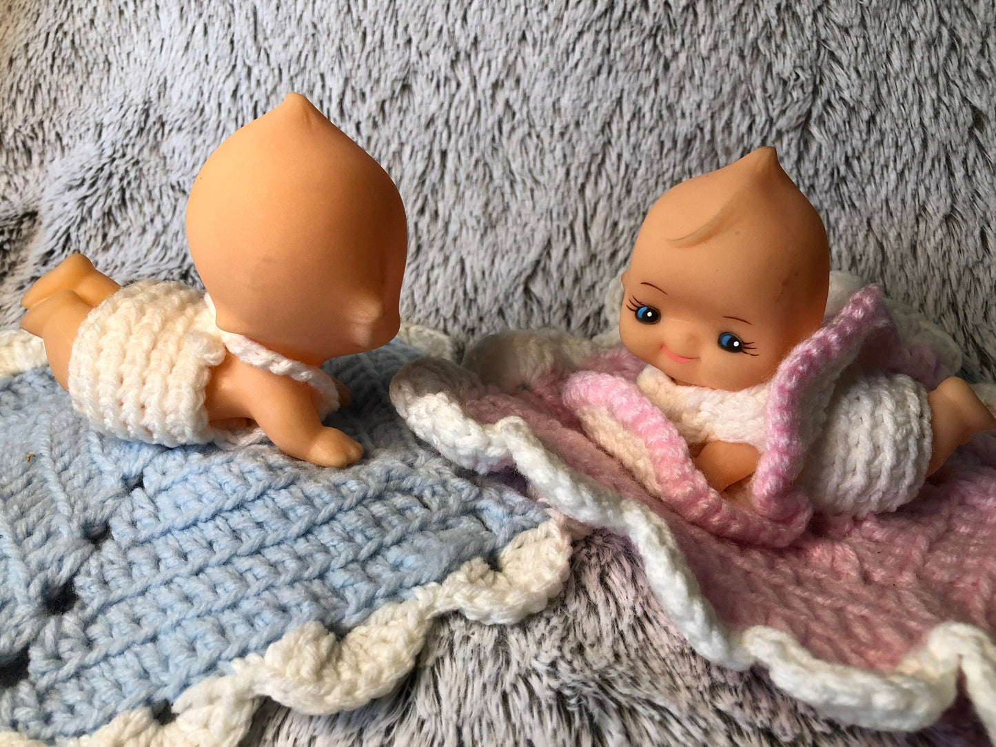 Vintage Rubber Kewpie Baby Doll Pair with Hand Made Blanket, Bonnet, Onesie and Butterfly