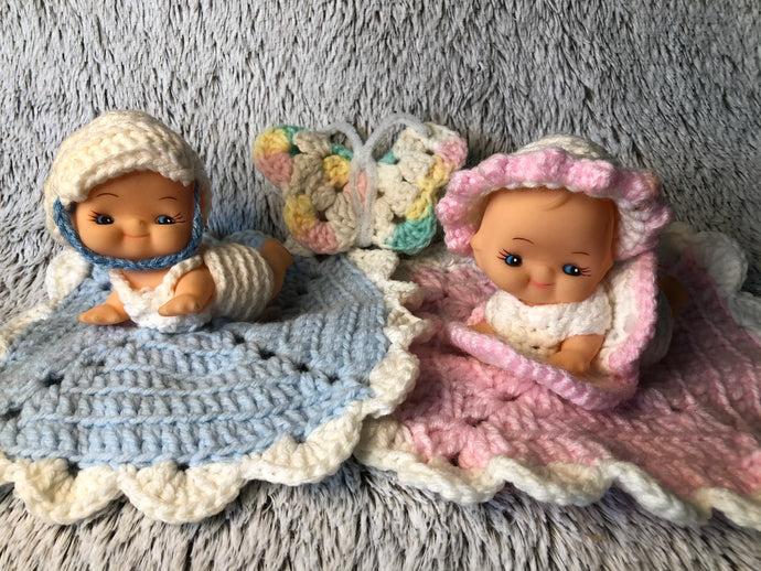 Vintage Rubber Kewpie Baby Doll Pair with Hand Made Blanket, Bonnet, Onesie and Butterfly