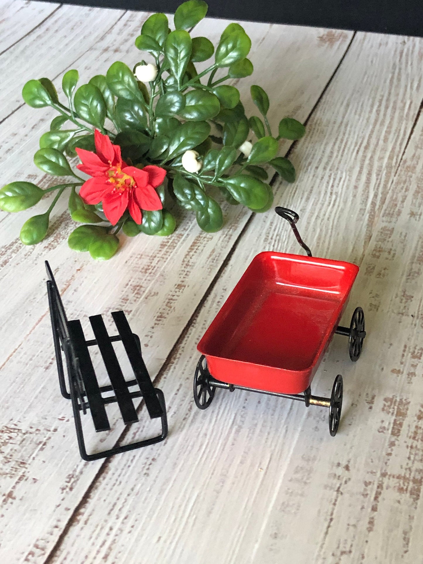 Miniature Dollhouse Metal Park Bench and Toy Wagon with Handle Set