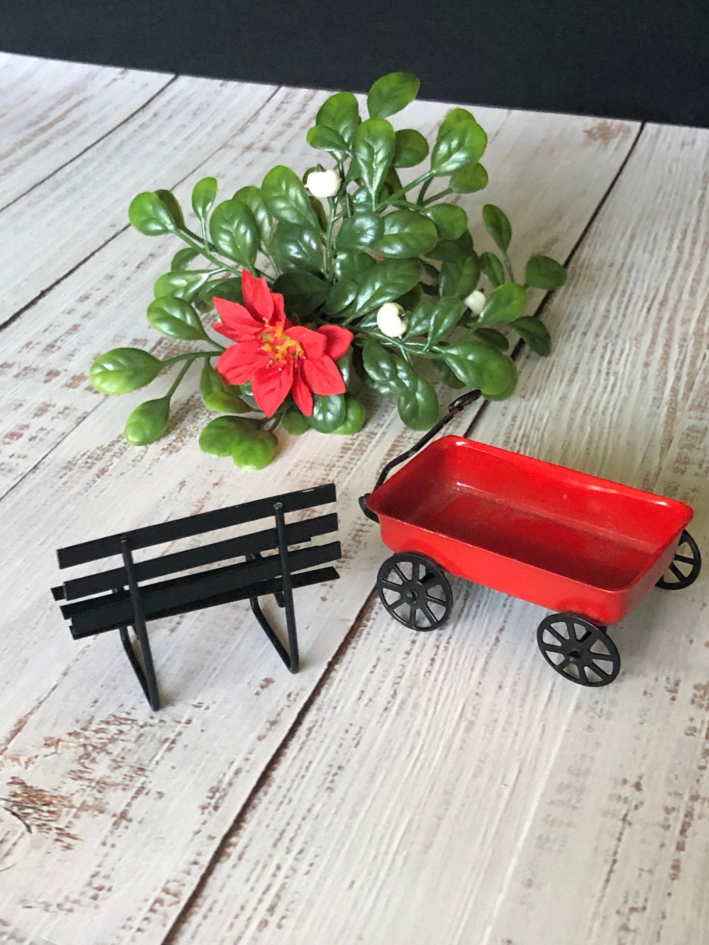 Miniature Dollhouse Metal Park Bench and Toy Wagon with Handle Set