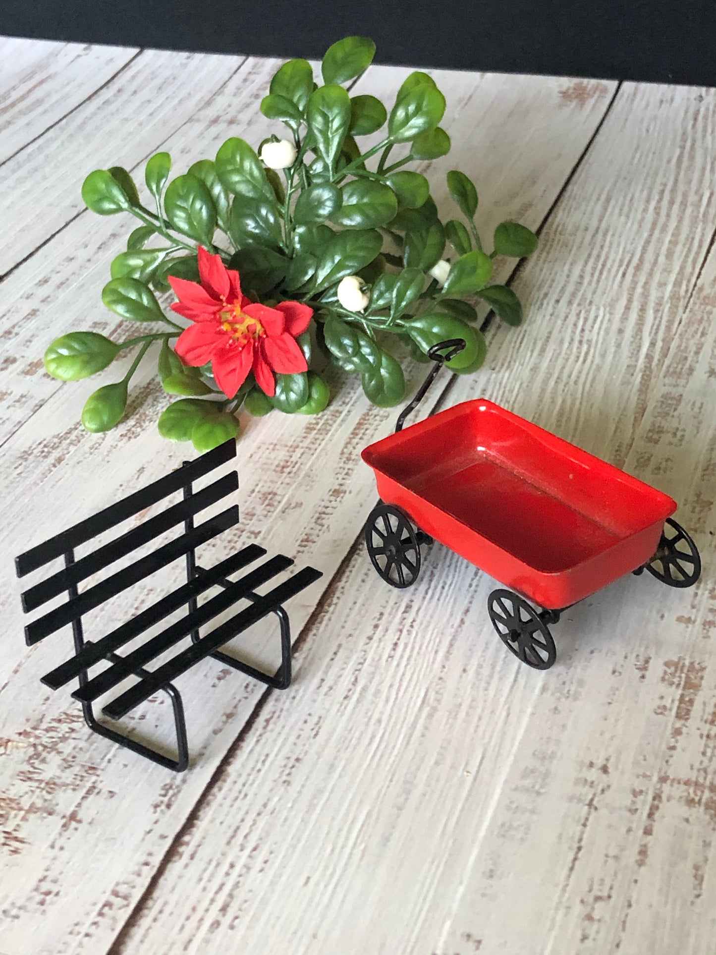 Miniature Dollhouse Metal Park Bench and Toy Wagon with Handle Set