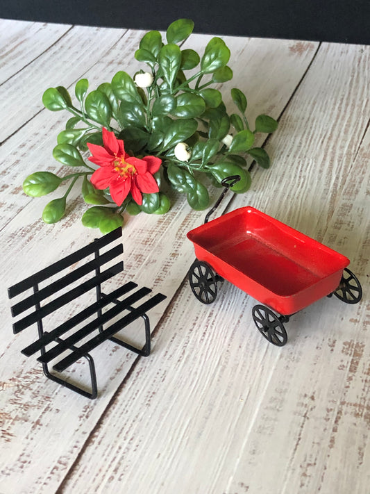 Miniature Dollhouse Metal Park Bench and Toy Wagon with Handle Set