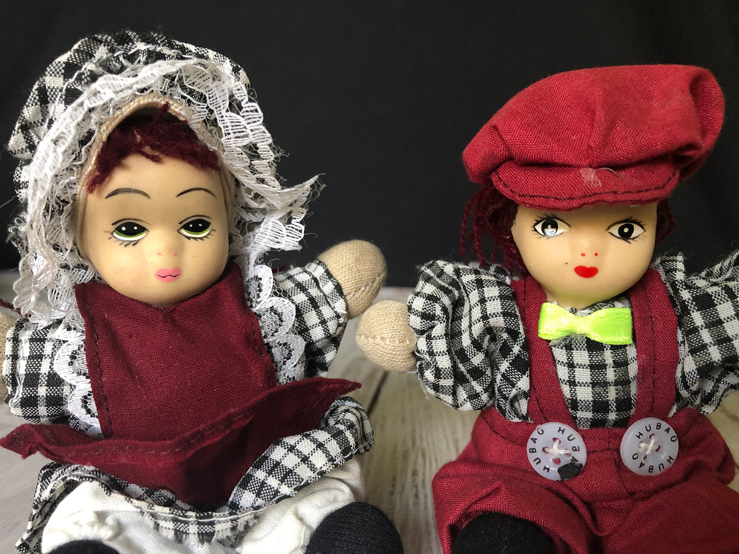 Hubao Miniature Set of Two Porcelain Bisque Dolls Boy and Girl in Burgundy