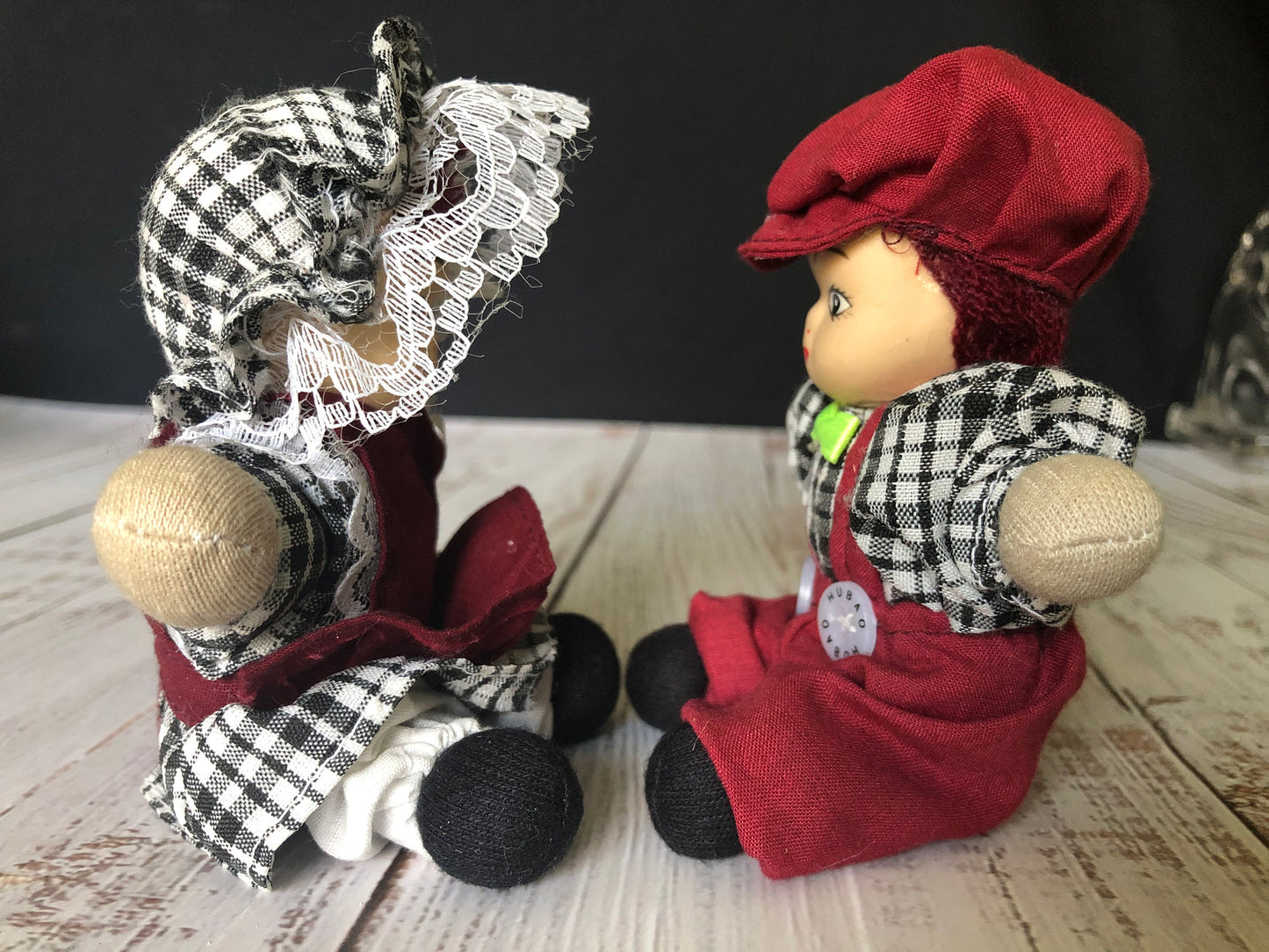 Hubao Miniature Set of Two Porcelain Bisque Dolls Boy and Girl in Burgundy