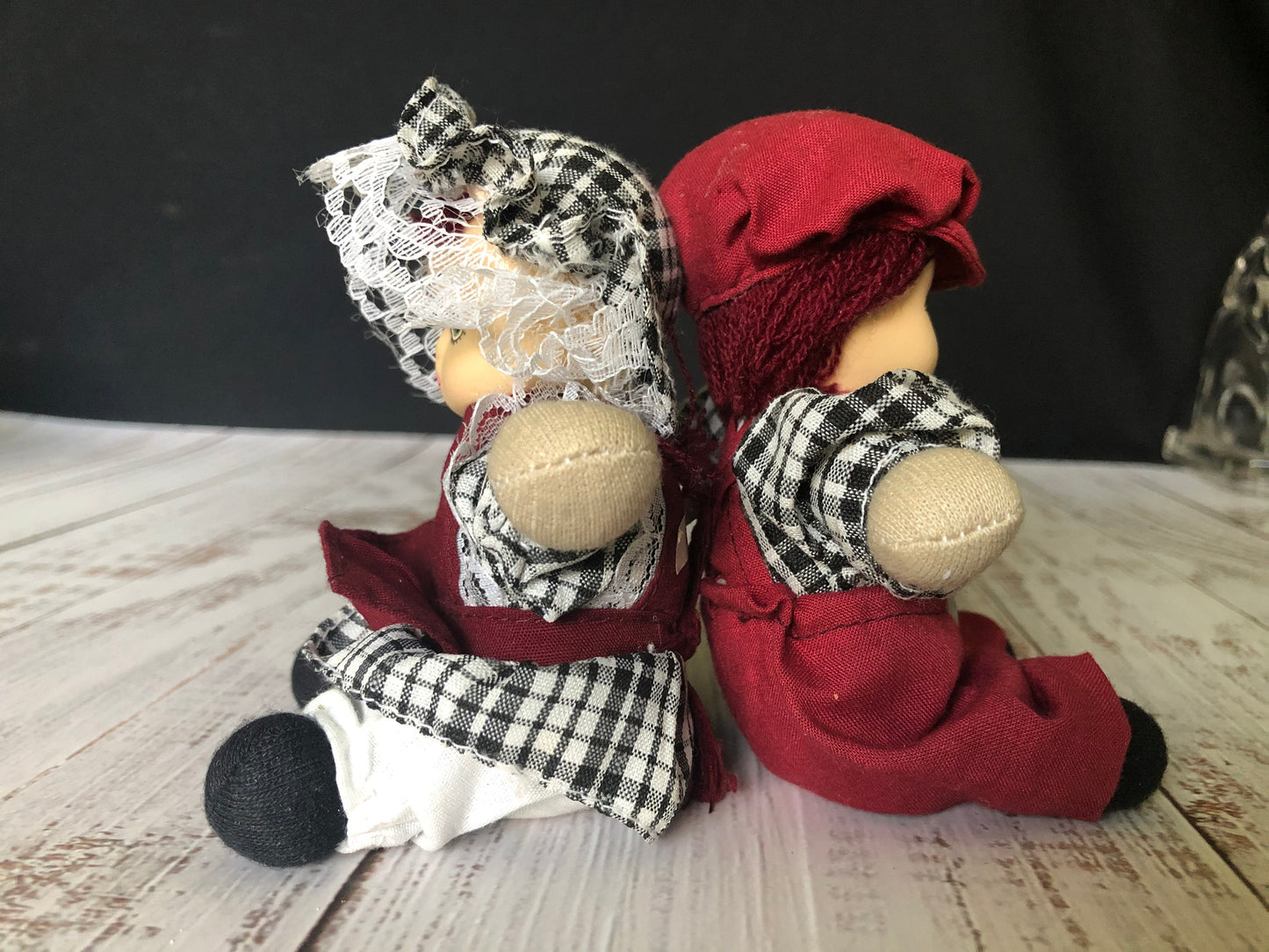 Hubao Miniature Set of Two Porcelain Bisque Dolls Boy and Girl in Burgundy