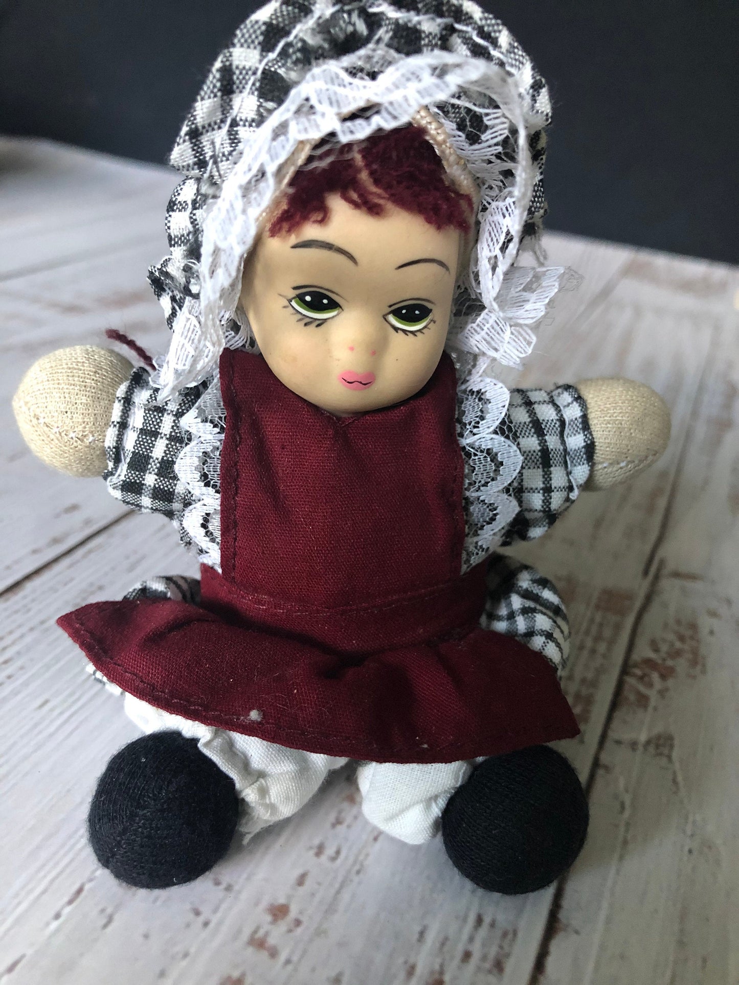 Hubao Miniature Set of Two Porcelain Bisque Dolls Boy and Girl in Burgundy