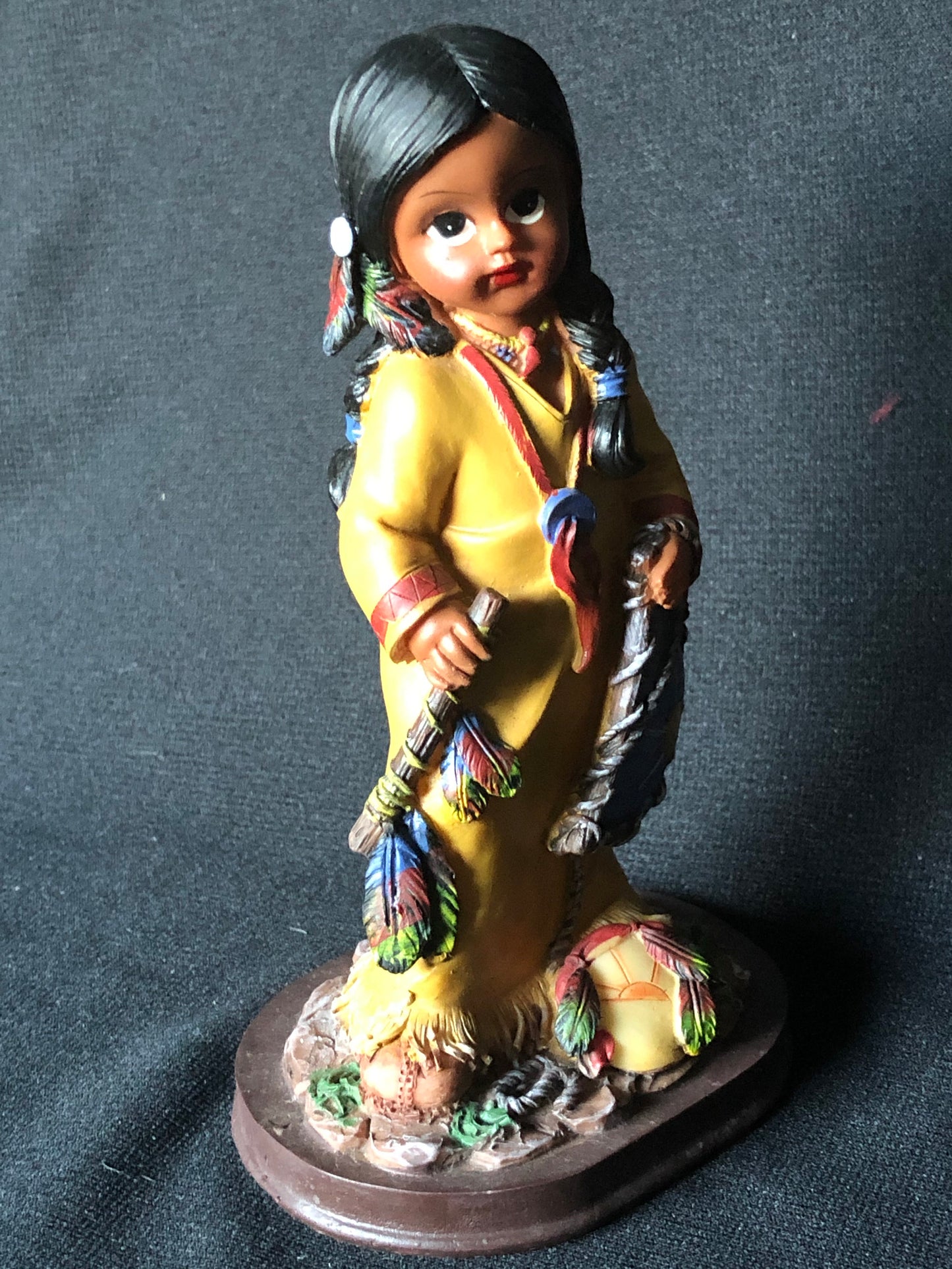 Vintage Native American Girl Figurine in Yellow Robe with Peace Pipe, Resin Mold, Hand Painted with Sun Symbol