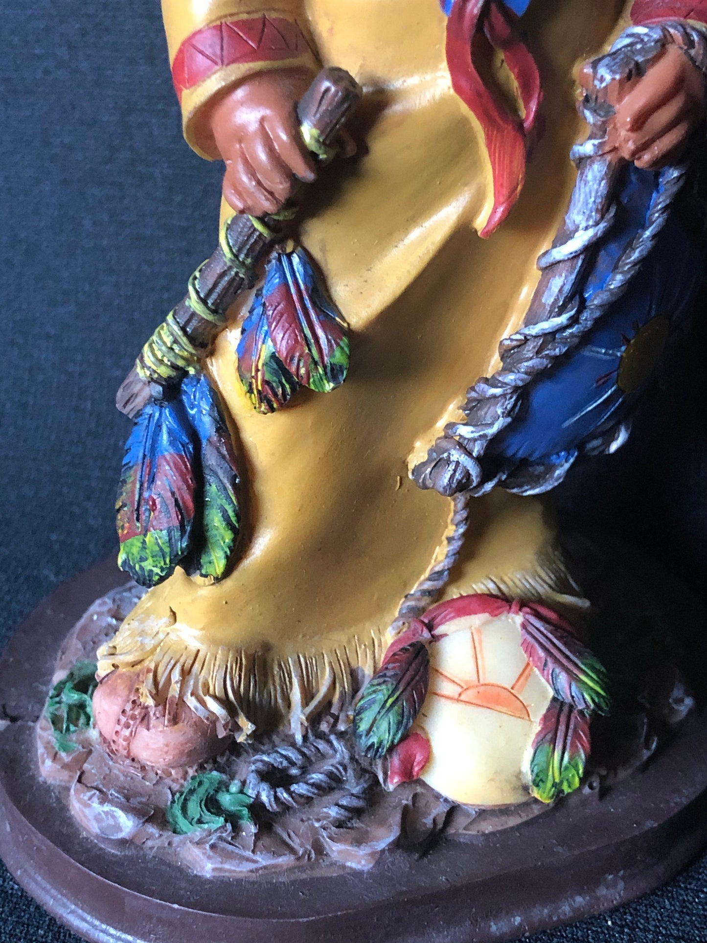 Vintage Native American Girl Figurine in Yellow Robe with Peace Pipe, Resin Mold, Hand Painted with Sun Symbol