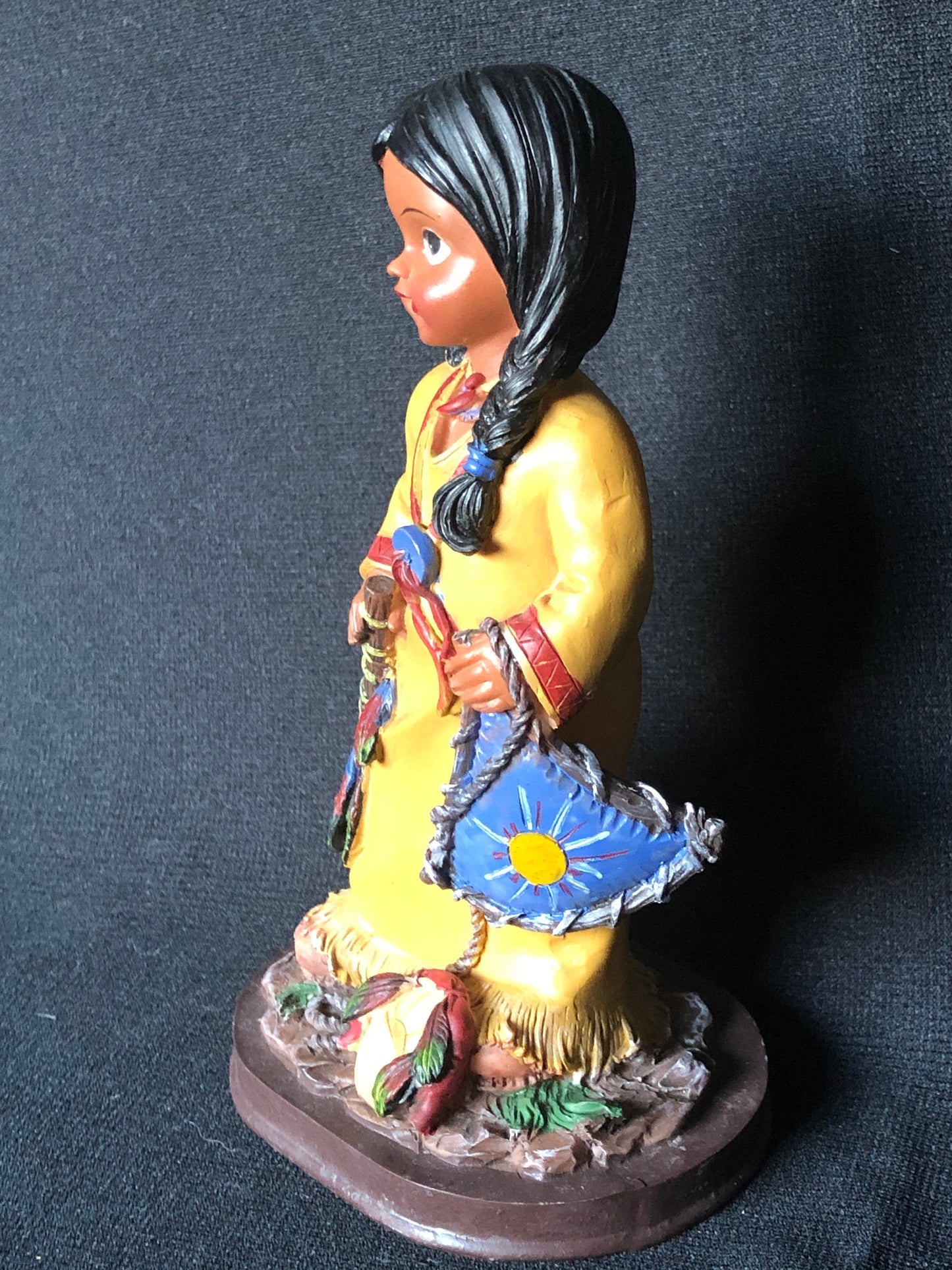 Vintage Native American Girl Figurine in Yellow Robe with Peace Pipe, Resin Mold, Hand Painted with Sun Symbol