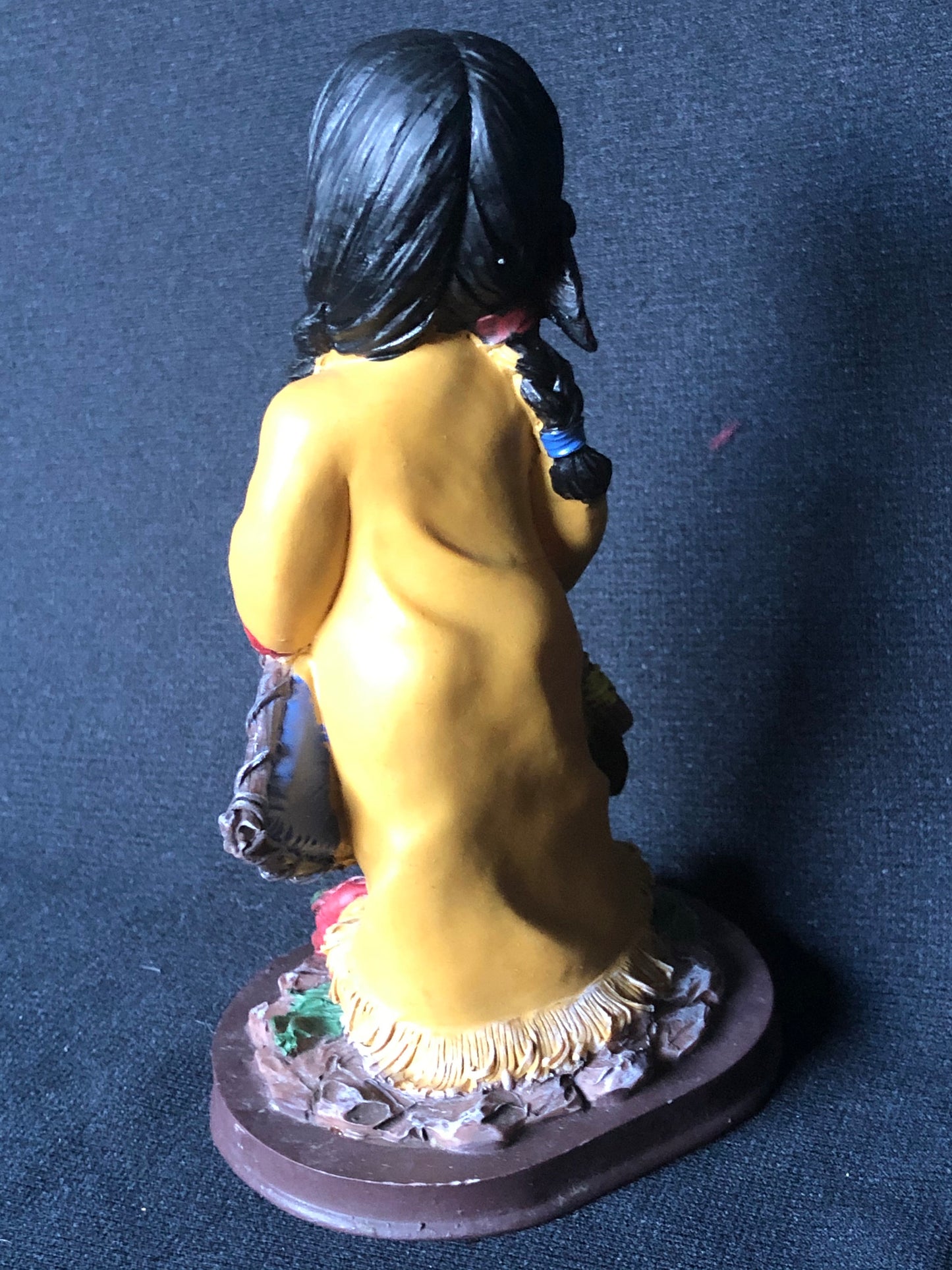 Vintage Native American Girl Figurine in Yellow Robe with Peace Pipe, Resin Mold, Hand Painted with Sun Symbol