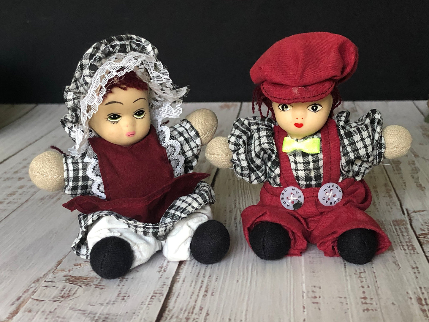 Hubao Miniature Set of Two Porcelain Bisque Dolls Boy and Girl in Burgundy