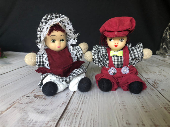 Hubao Miniature Set of Two Porcelain Bisque Dolls Boy and Girl in Burgundy