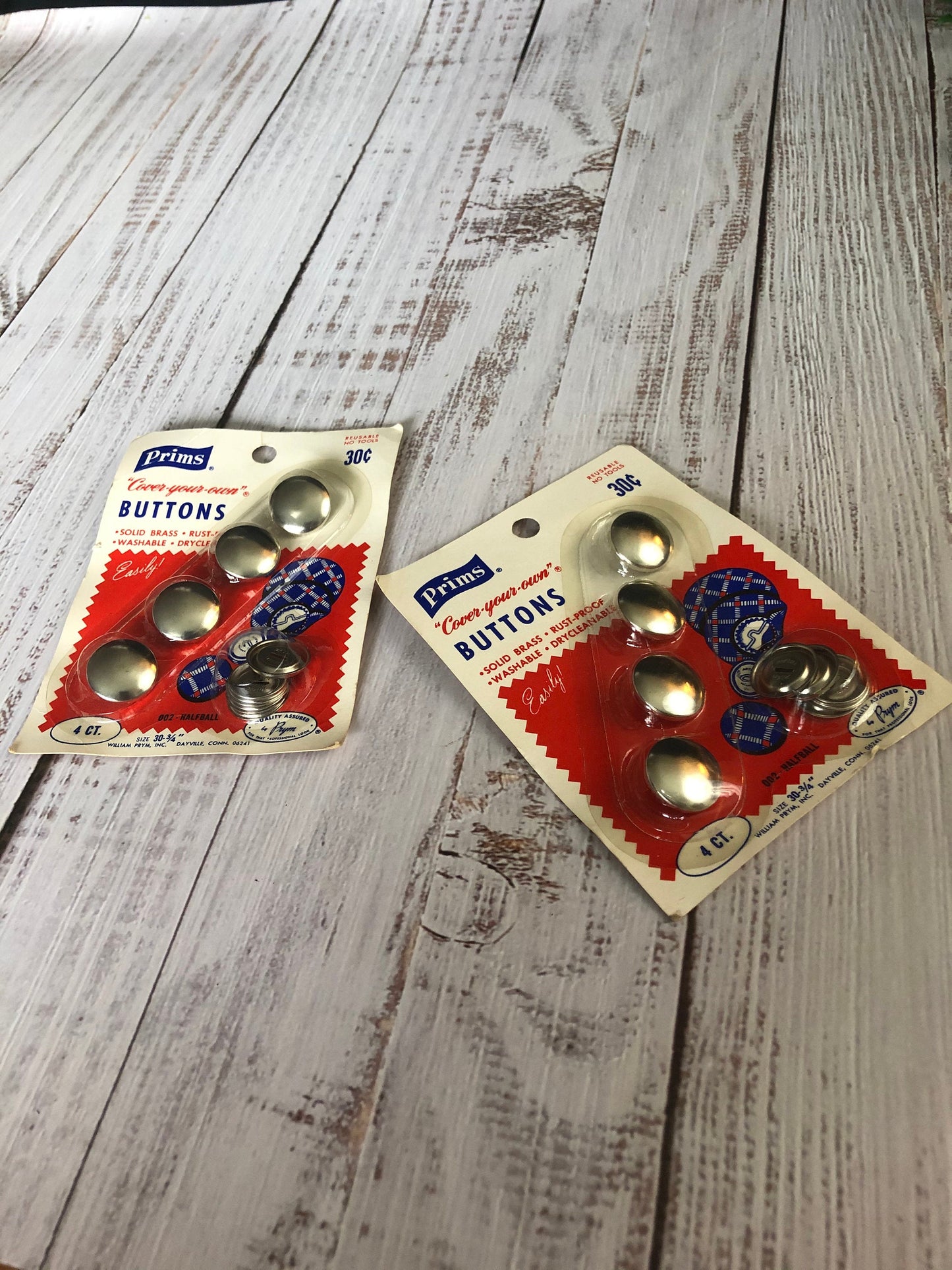 Prims "Cover-your-own" Buttons, Size 30 Buttons, Half Ball Solid Brass, Set of Two Unopened Packs of Four