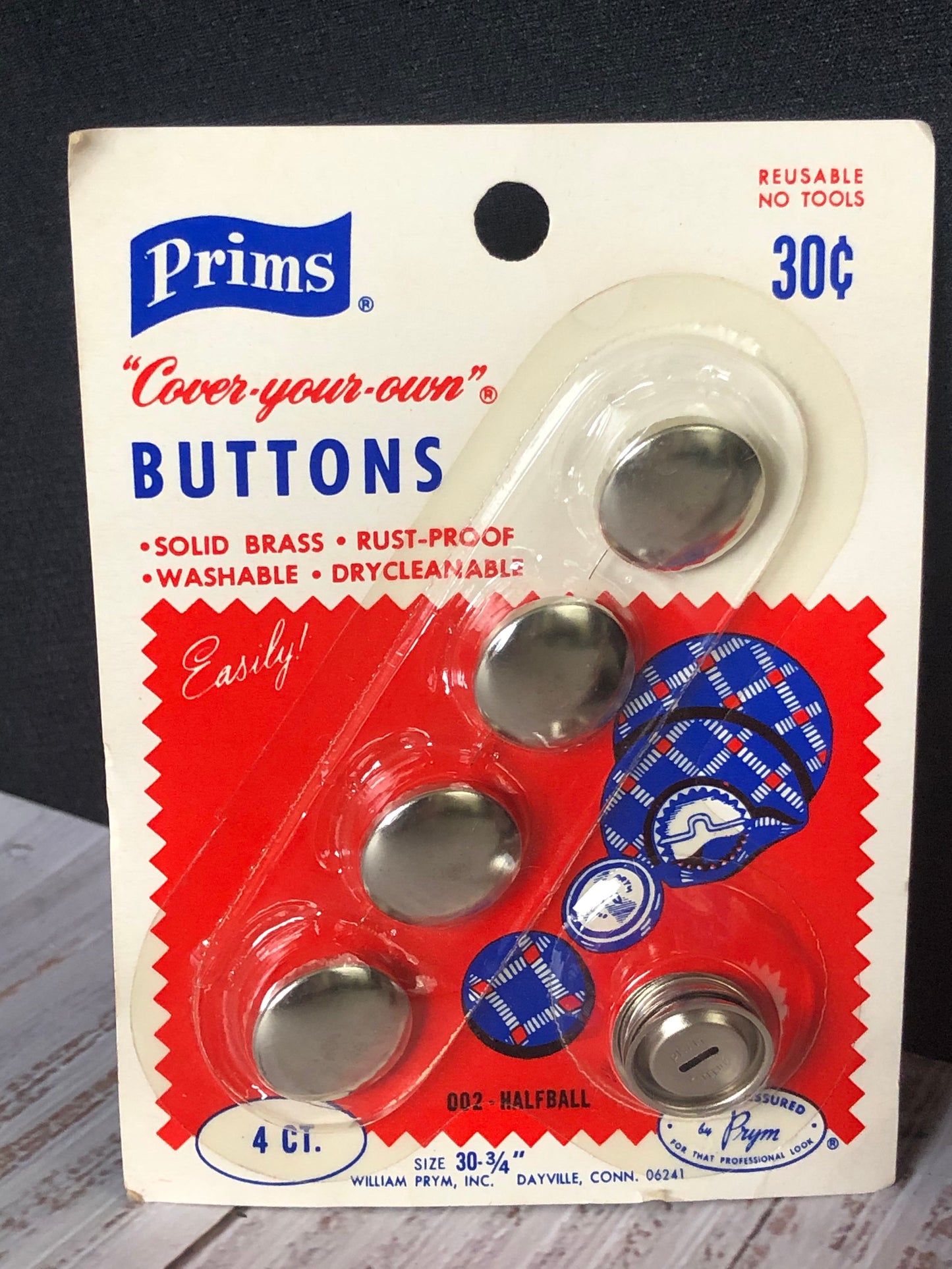Prims "Cover-your-own" Buttons, Size 30 Buttons, Half Ball Solid Brass, Set of Two Unopened Packs of Four