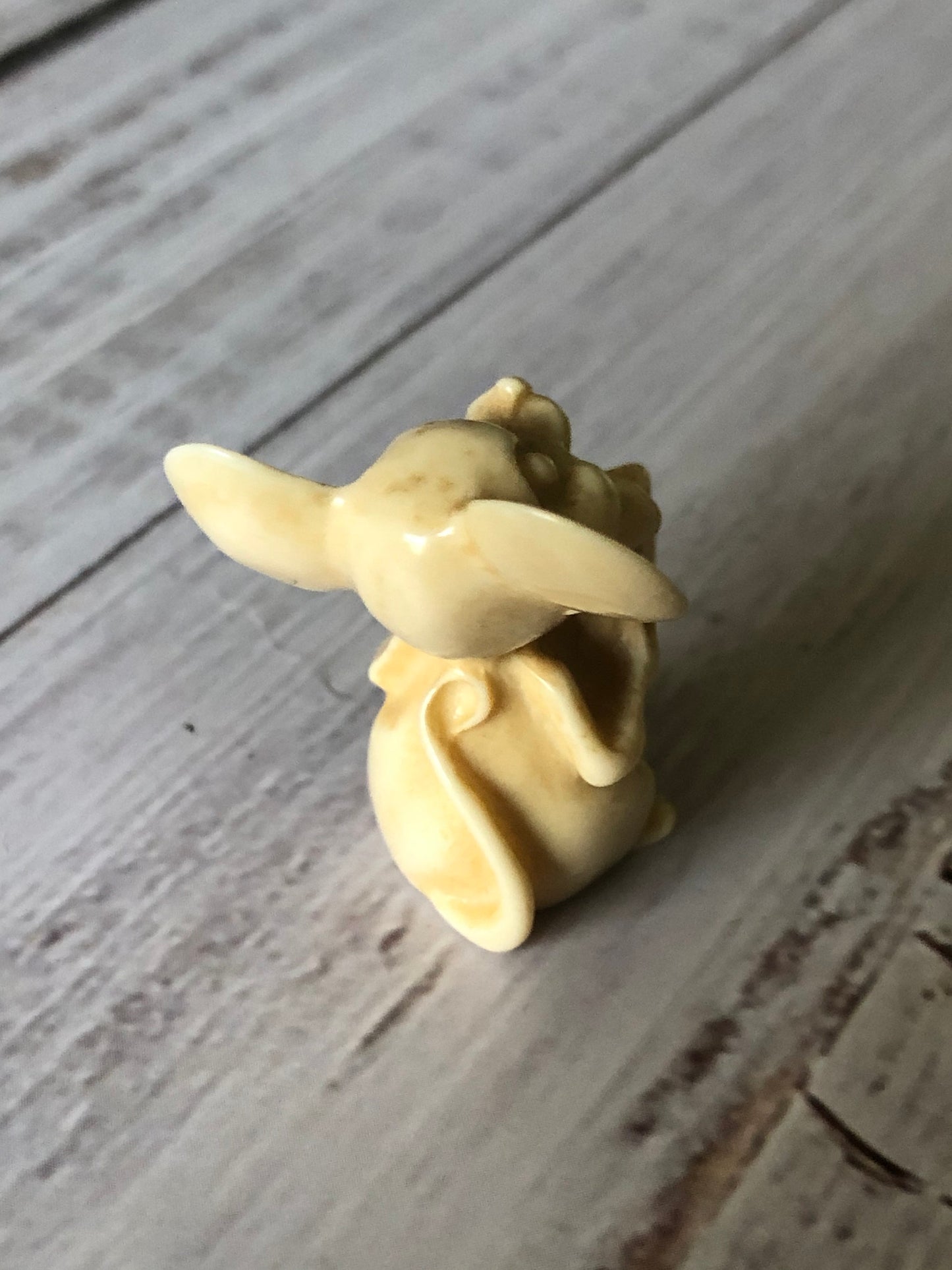 Miniature Aged Off-White Big Eared Mouse with Swiss Cheese in a Bow Figurine, Itty Bitty Mouse with Cheese, Tiny Mouse and Cheese