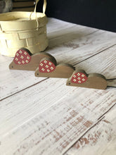 Load image into Gallery viewer, Set of Three Hand Painted and Carved Wooden Scandinavian Style Mice, Shelf Sitter Mice, Dad Mom and Baby Mice
