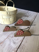 Load image into Gallery viewer, Set of Three Hand Painted and Carved Wooden Scandinavian Style Mice, Shelf Sitter Mice, Dad Mom and Baby Mice
